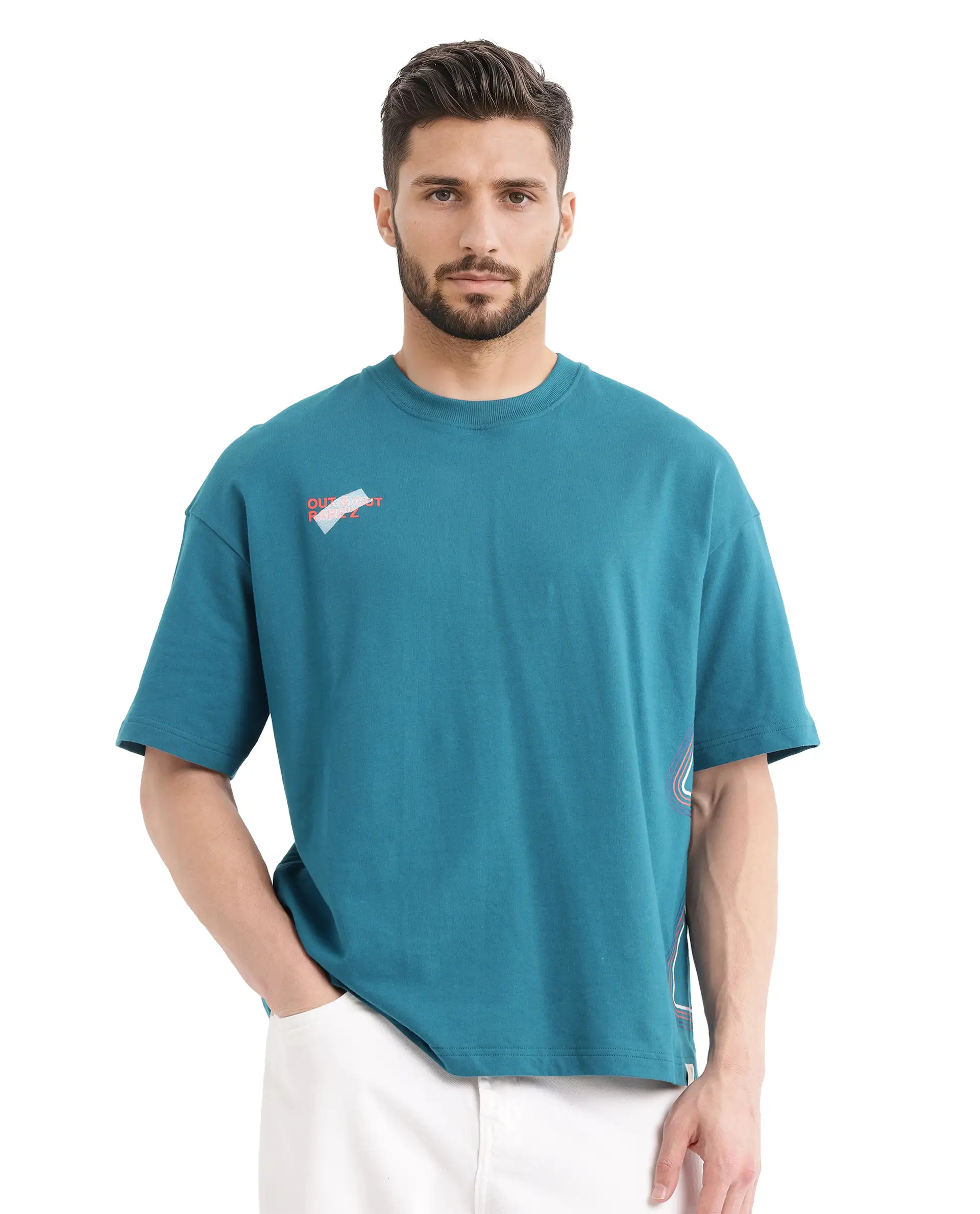 Rare Rabbit Men's Klas Teal Cotton Hd Print Oversized Fit Half Sleeve Crew Neck T-Shirt - Image 5