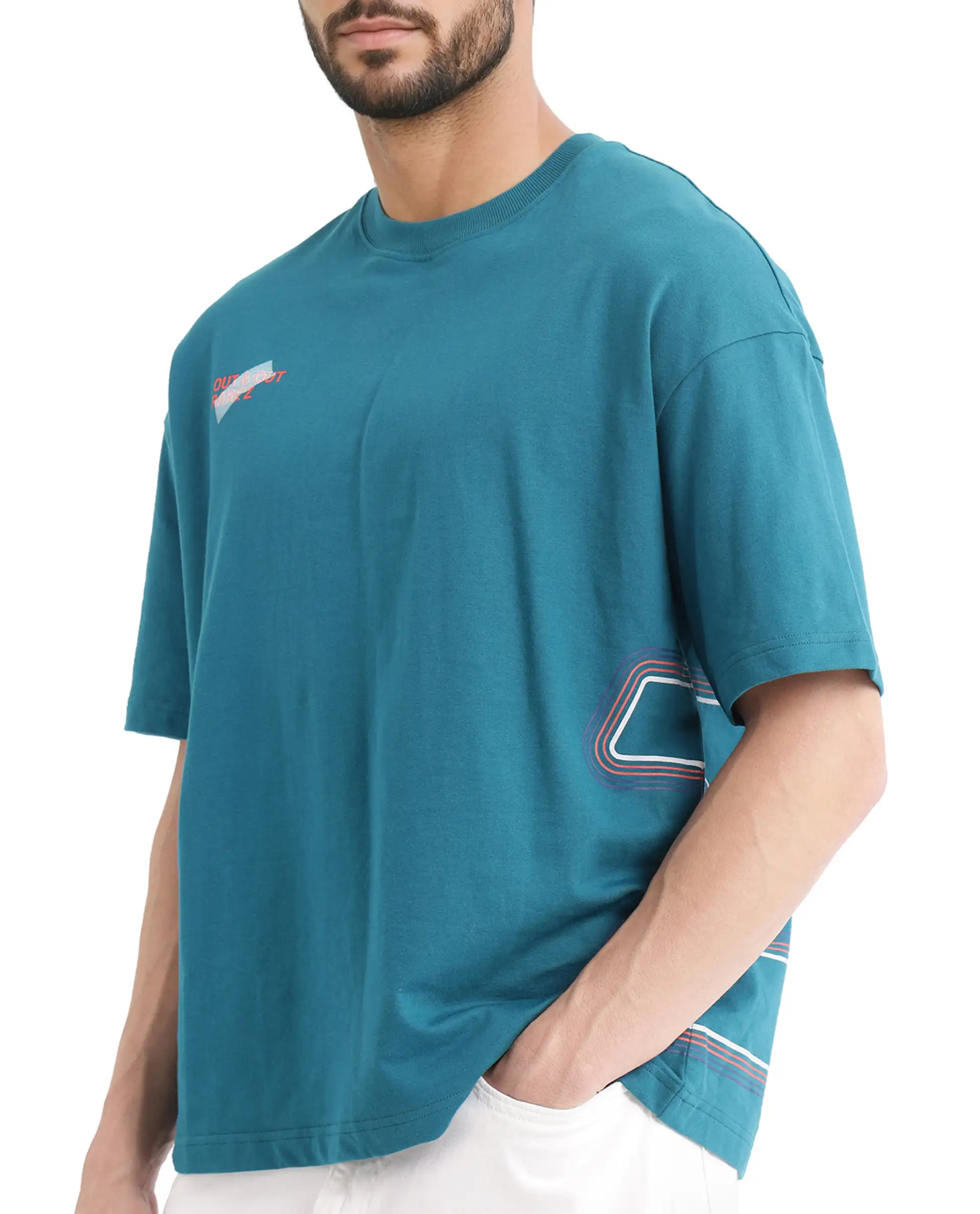 Rare Rabbit Men's Klas Teal Cotton Hd Print Oversized Fit Half Sleeve Crew Neck T-Shirt - Image 6