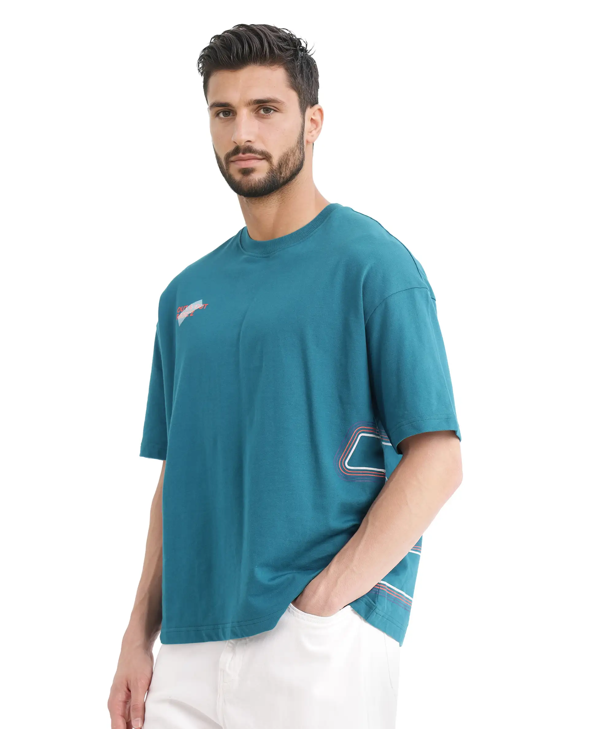 Rare Rabbit Men's Klas Teal Cotton Hd Print Oversized Fit Half Sleeve Crew Neck T-Shirt - Image 7