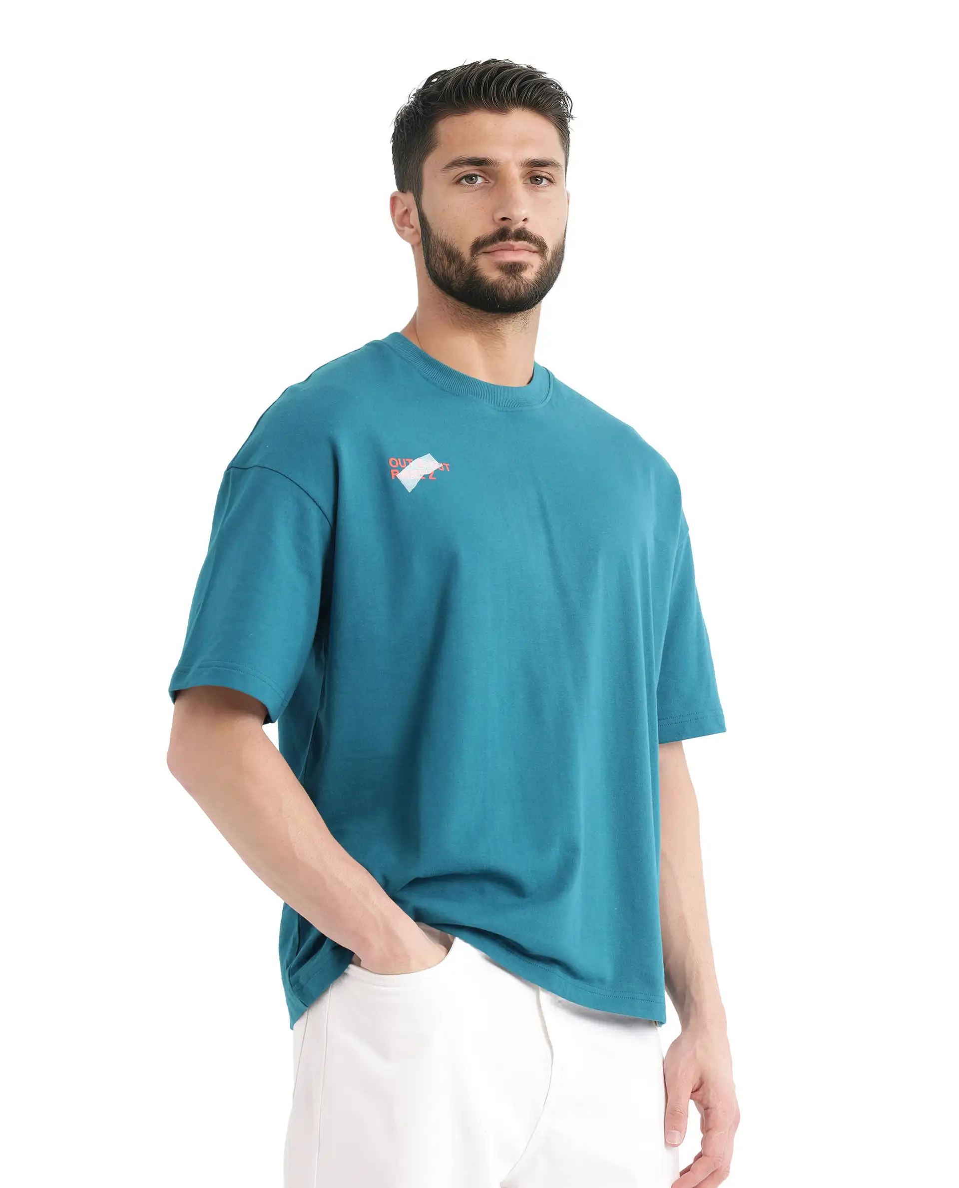 Rare Rabbit Men's Klas Teal Cotton Hd Print Oversized Fit Half Sleeve Crew Neck T-Shirt - Image 8