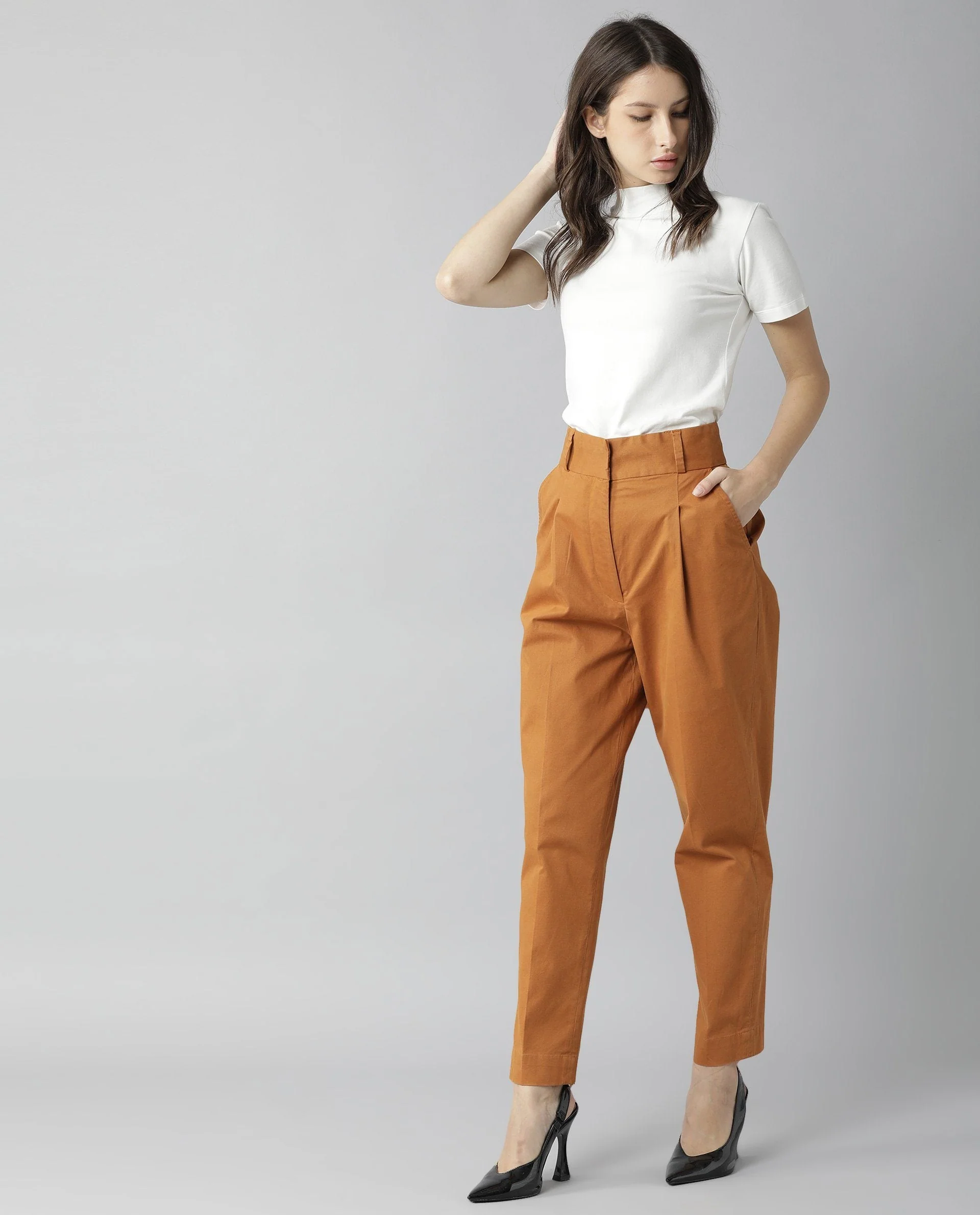 Rareism Womens Klaus Orange Trouser High Waist Ankle Length