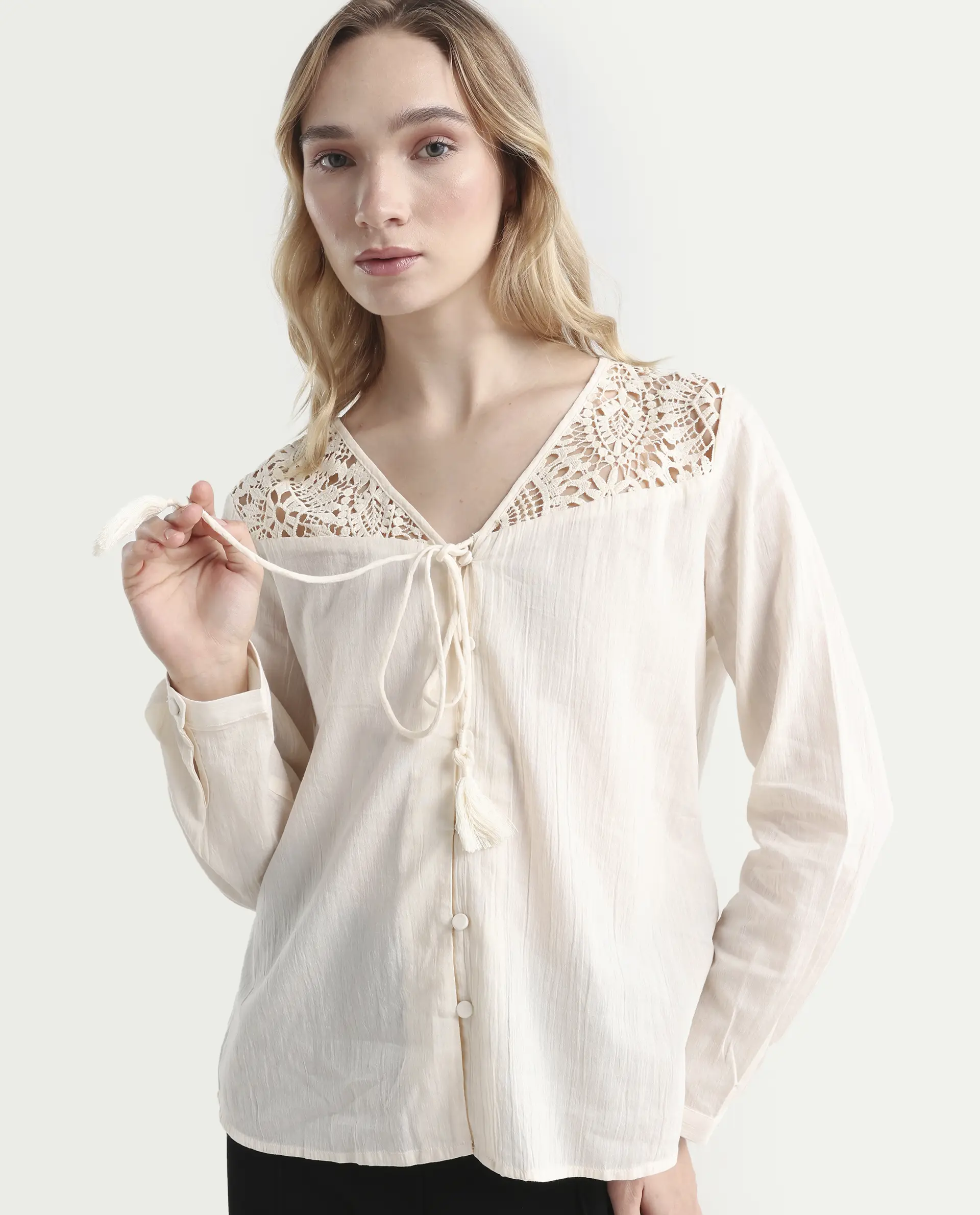 Rareism Women's Klaya Beige Cotton V-Neck Plain Relaxed Fit Top