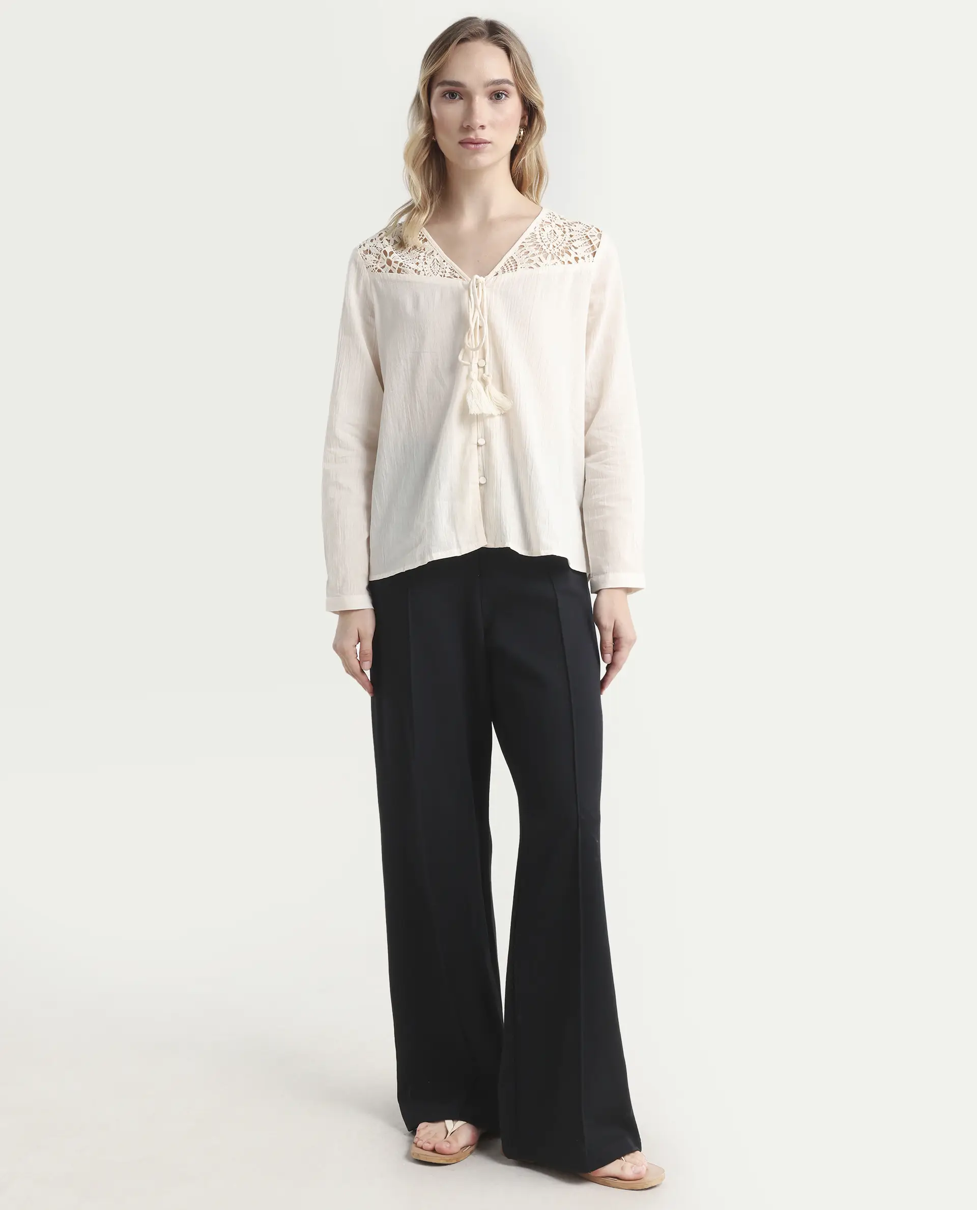 Rareism Women's Klaya Beige Cotton V-Neck Plain Relaxed Fit Top - Image 2