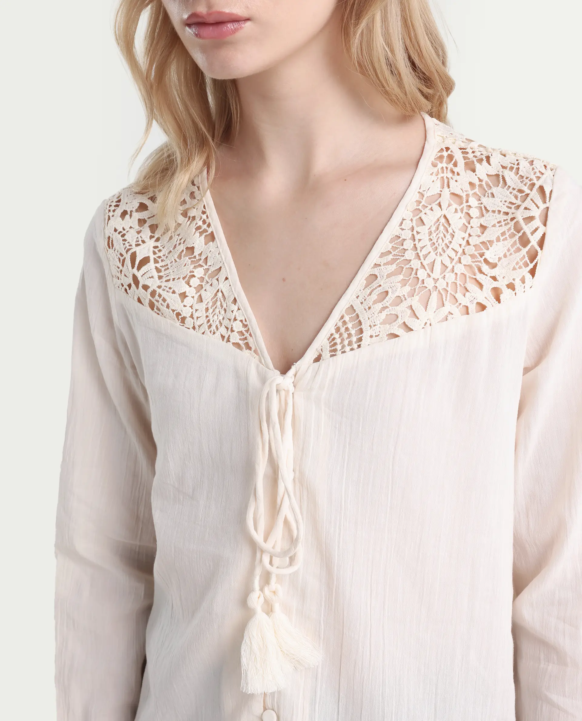 Rareism Women's Klaya Beige Cotton V-Neck Plain Relaxed Fit Top - Image 3