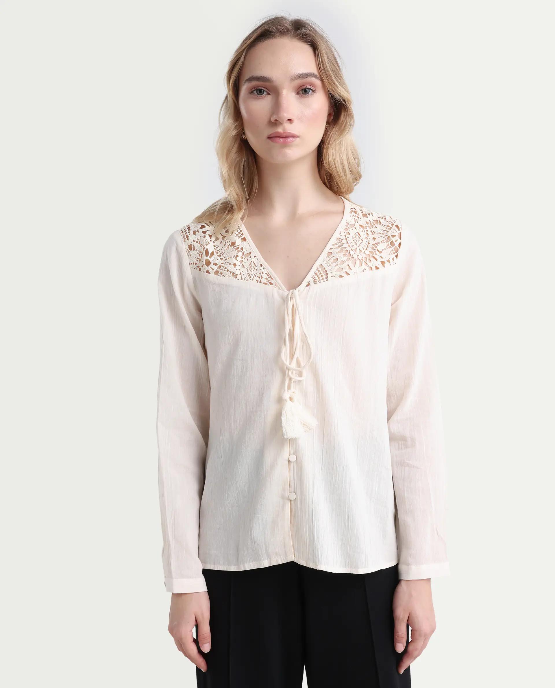 Rareism Women's Klaya Beige Cotton V-Neck Plain Relaxed Fit Top - Image 4