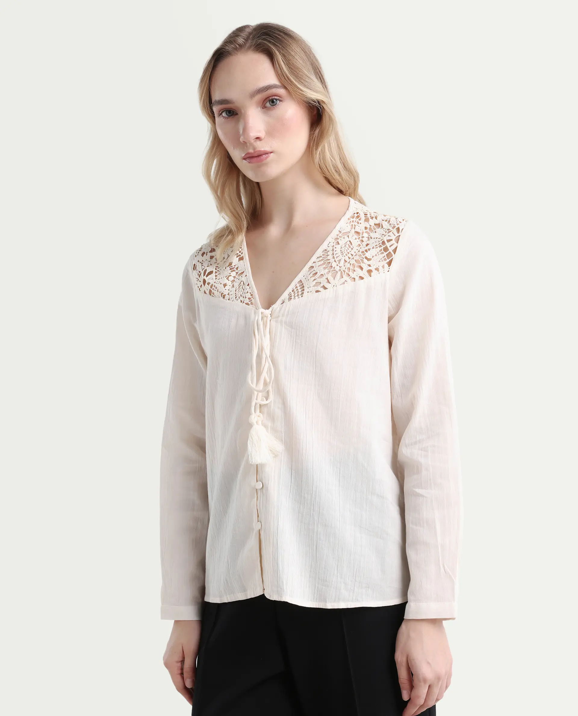 Rareism Women's Klaya Beige Cotton V-Neck Plain Relaxed Fit Top - Image 5