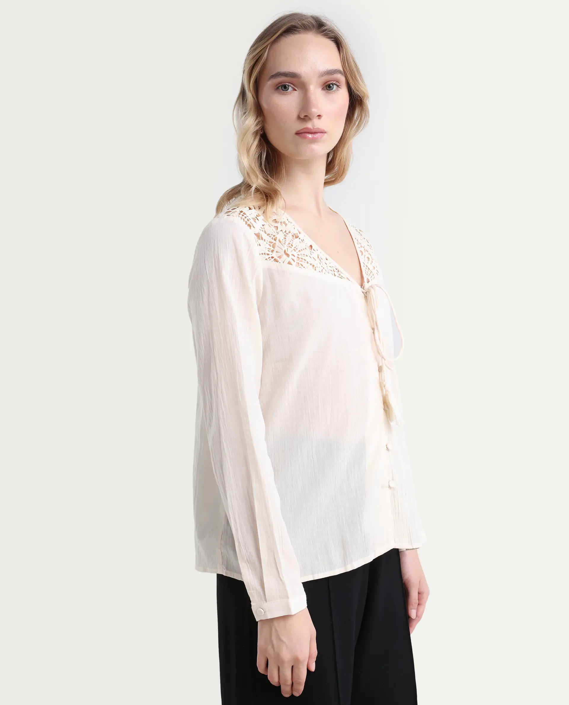 Rareism Women's Klaya Beige Cotton V-Neck Plain Relaxed Fit Top - Image 6