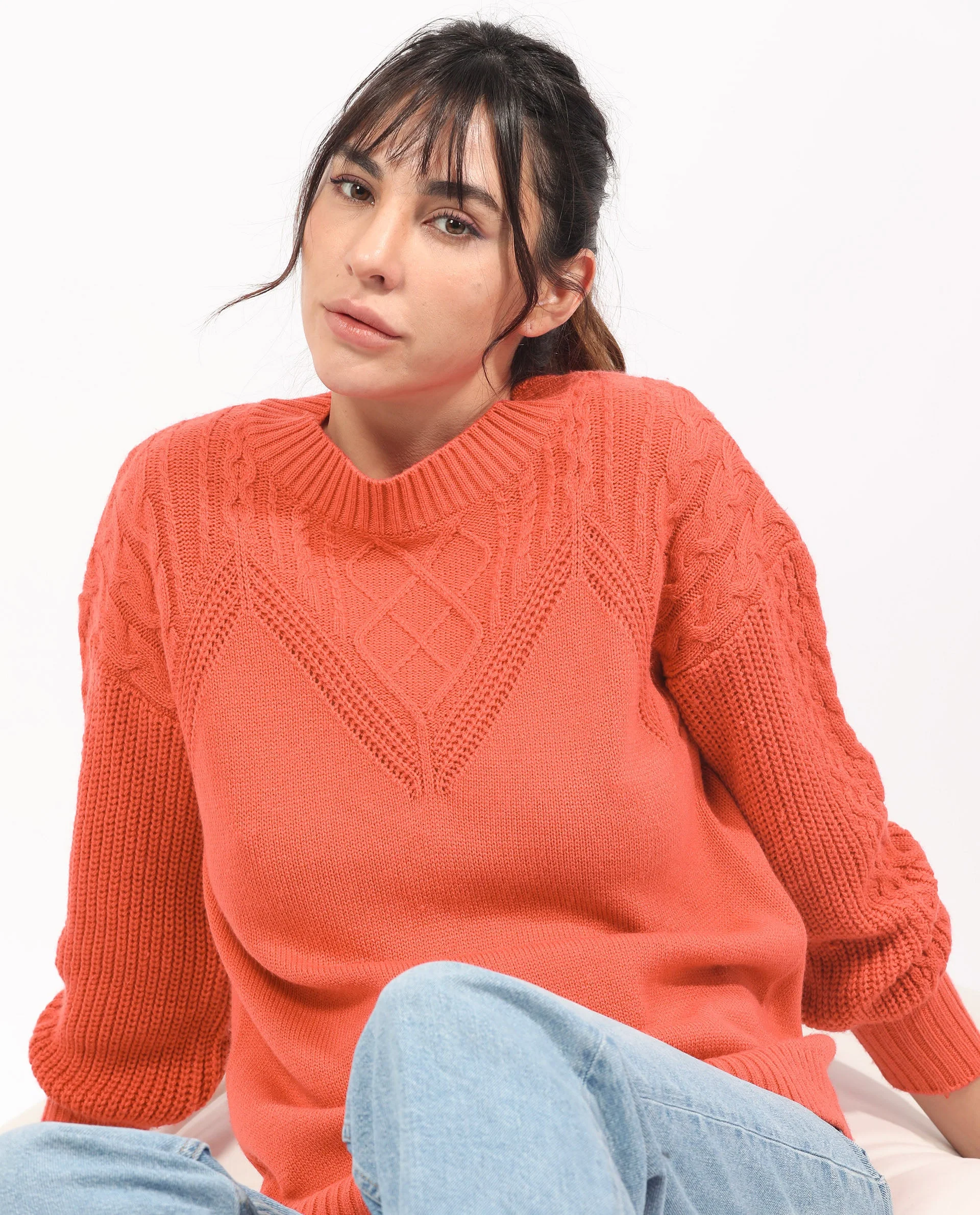 Rareism Women's Klein Orange Acrylic Crew Neck Plain Regular Fit Sweater