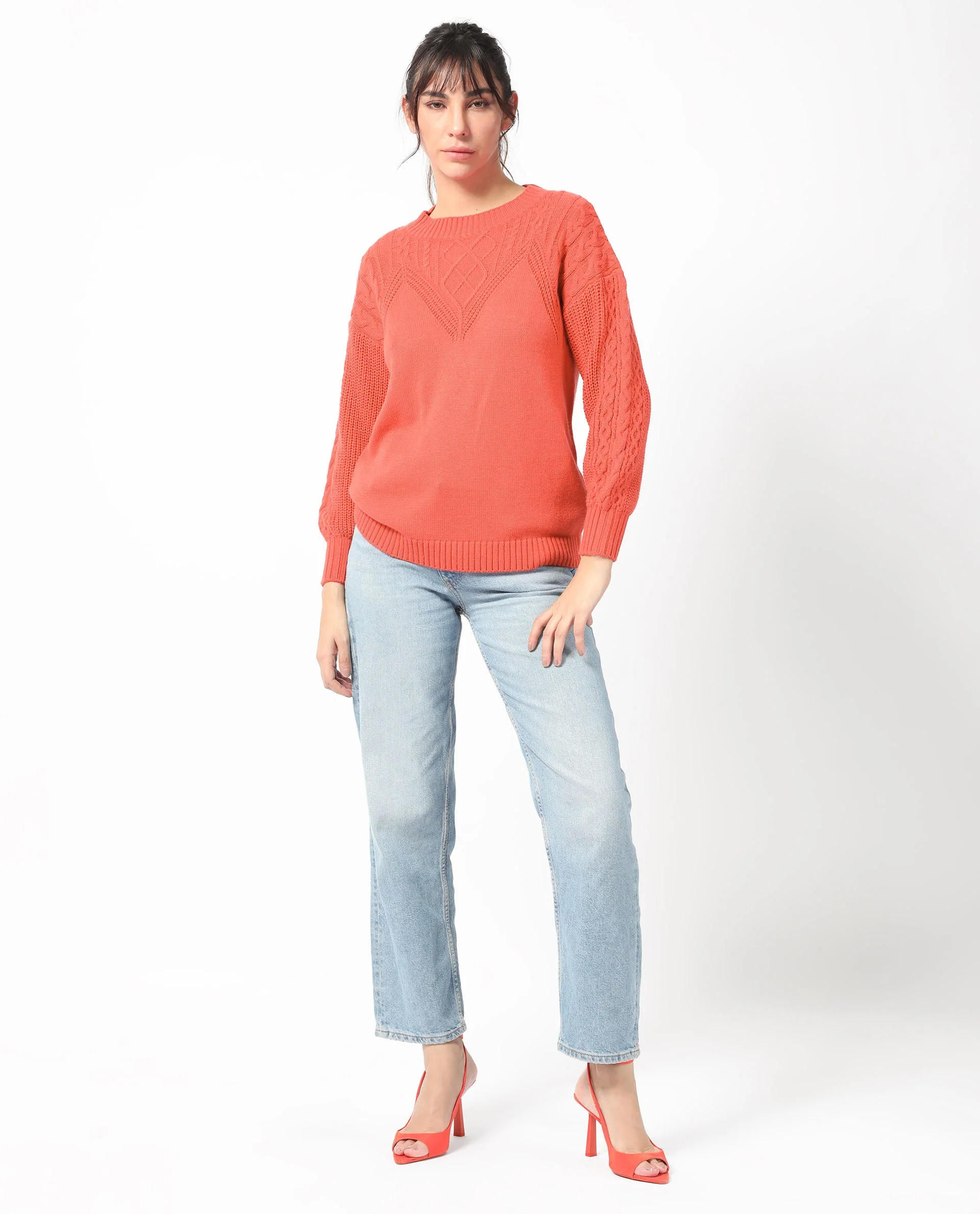 Rareism Women's Klein Orange Acrylic Crew Neck Plain Regular Fit Sweater - Image 2