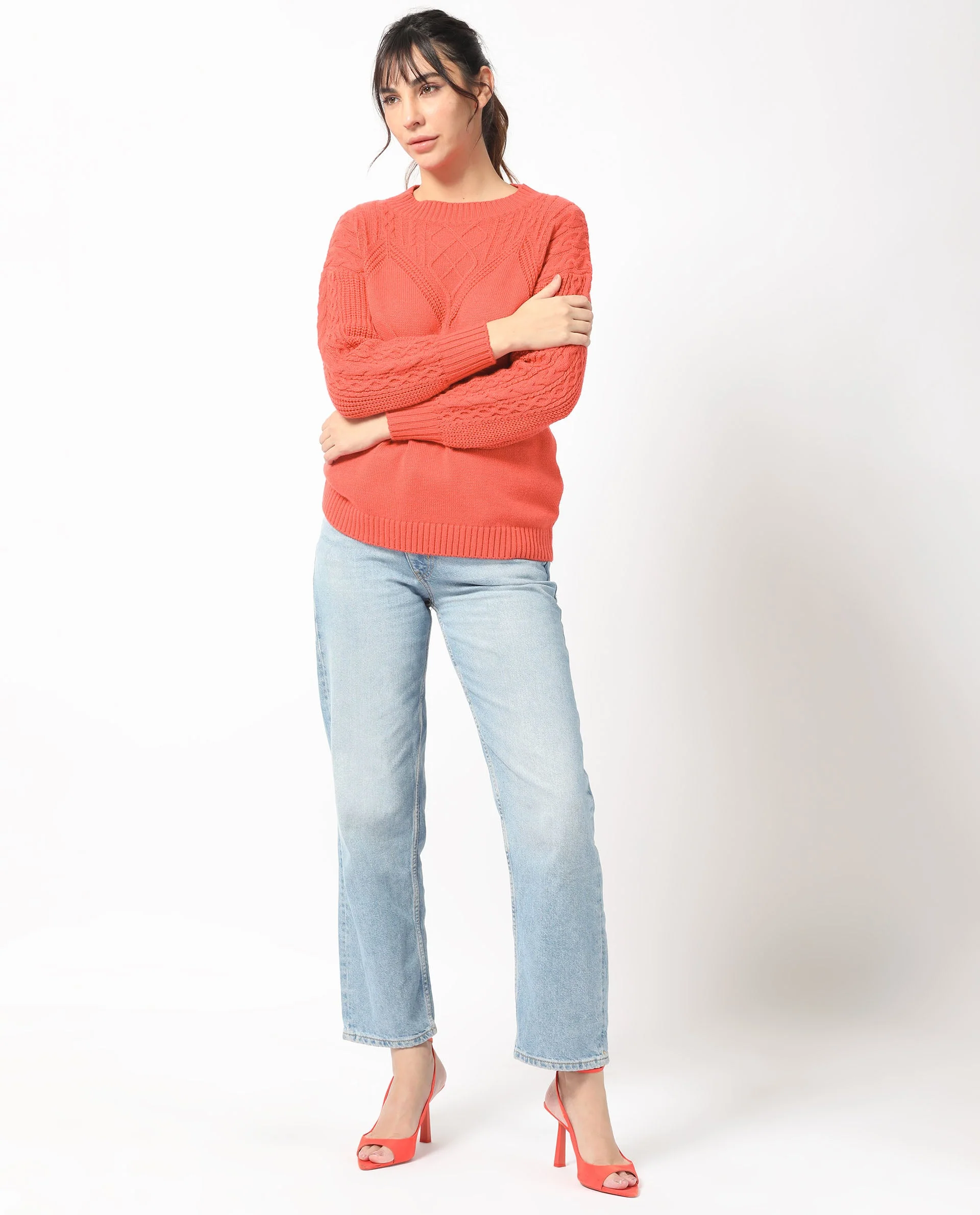 Rareism Women's Klein Orange Acrylic Crew Neck Plain Regular Fit Sweater - Image 3