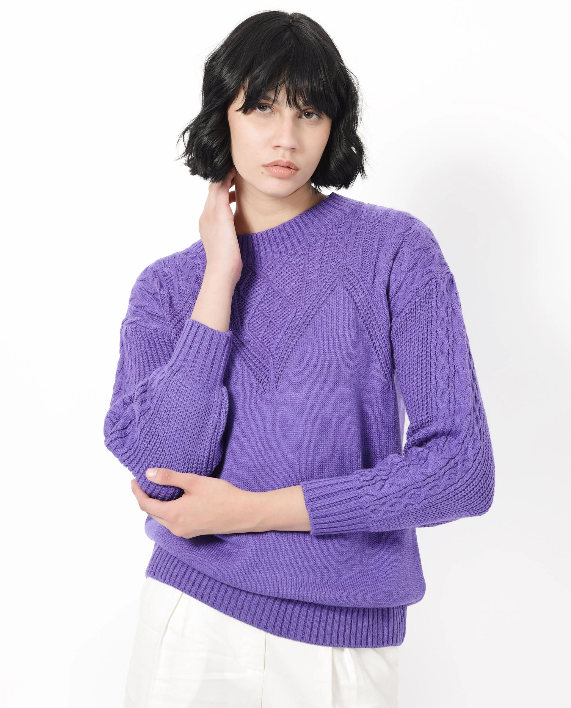 Rareism Women's Klein Purple Acrylic Crew Neck Plain Regular Fit Sweater