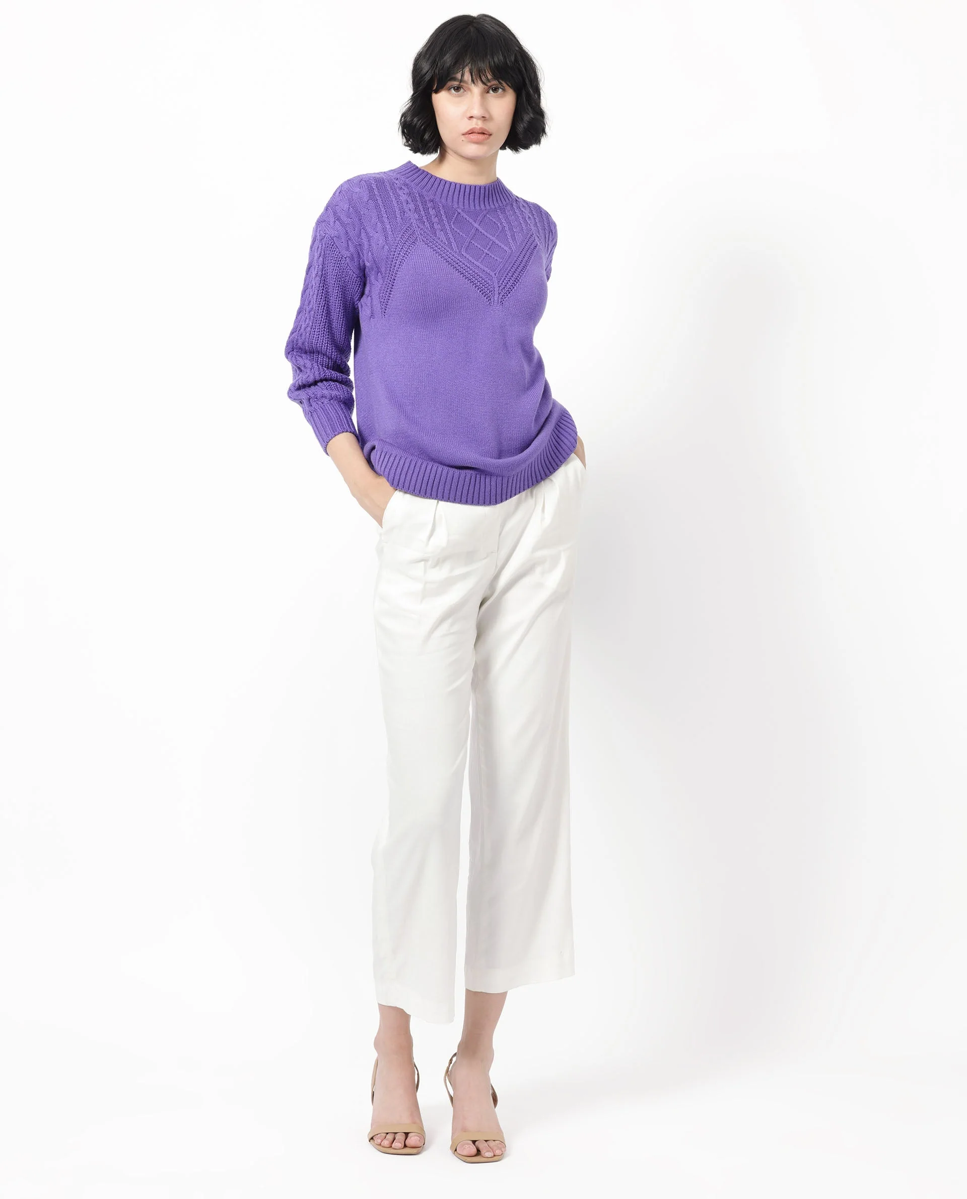 Rareism Women's Klein Purple Acrylic Crew Neck Plain Regular Fit Sweater - Image 2