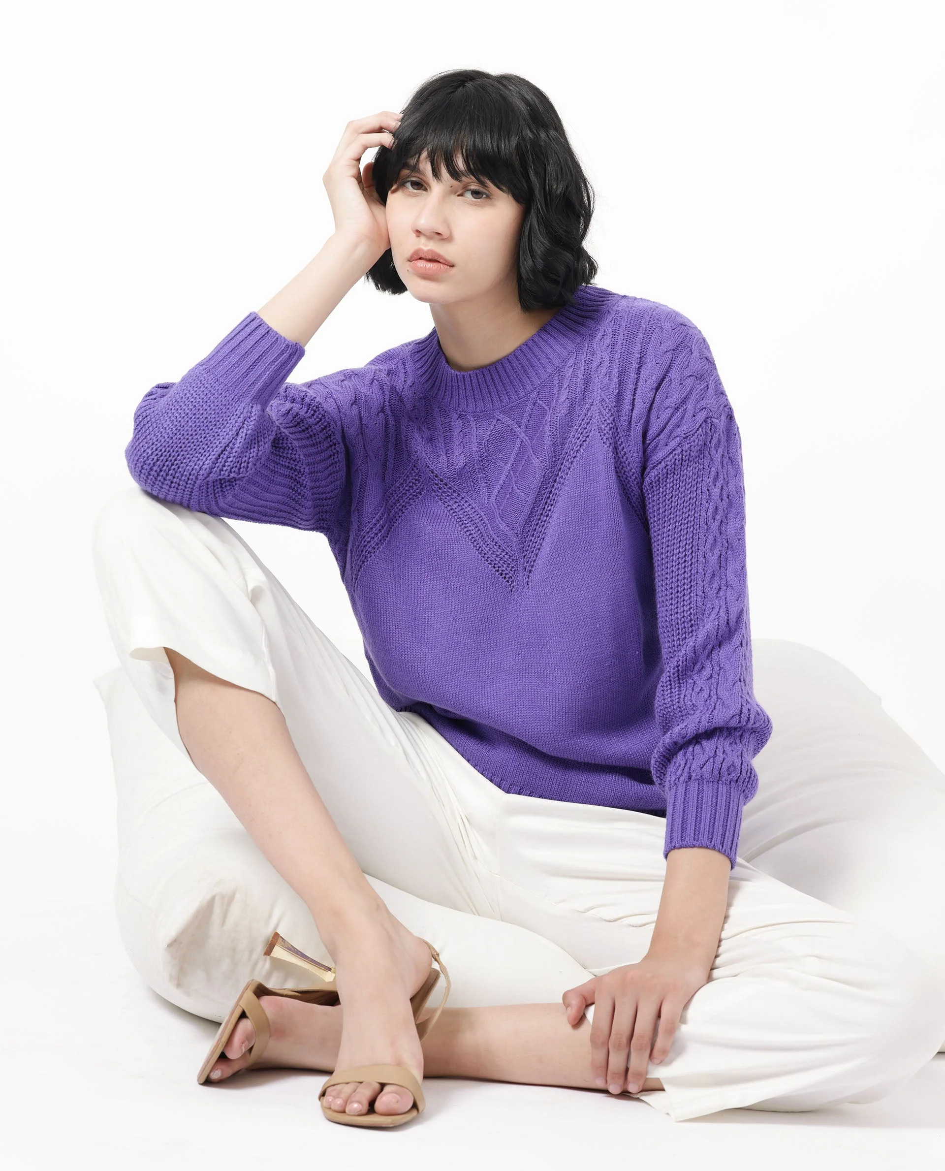 Rareism Women's Klein Purple Acrylic Crew Neck Plain Regular Fit Sweater - Image 4