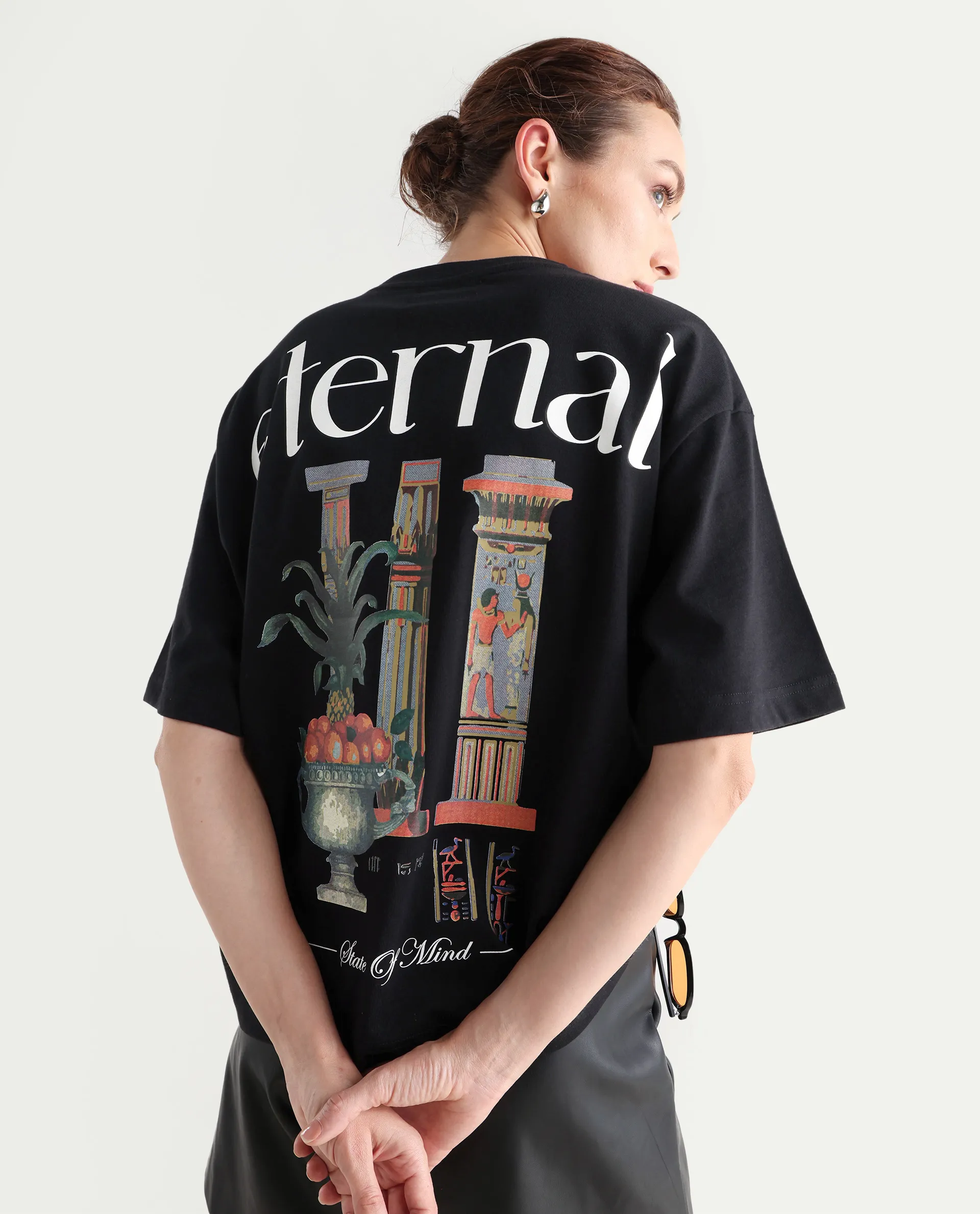 Rareism Women's Klend Black Cotton Graphic Print Oversized T-Shirt - Image 4