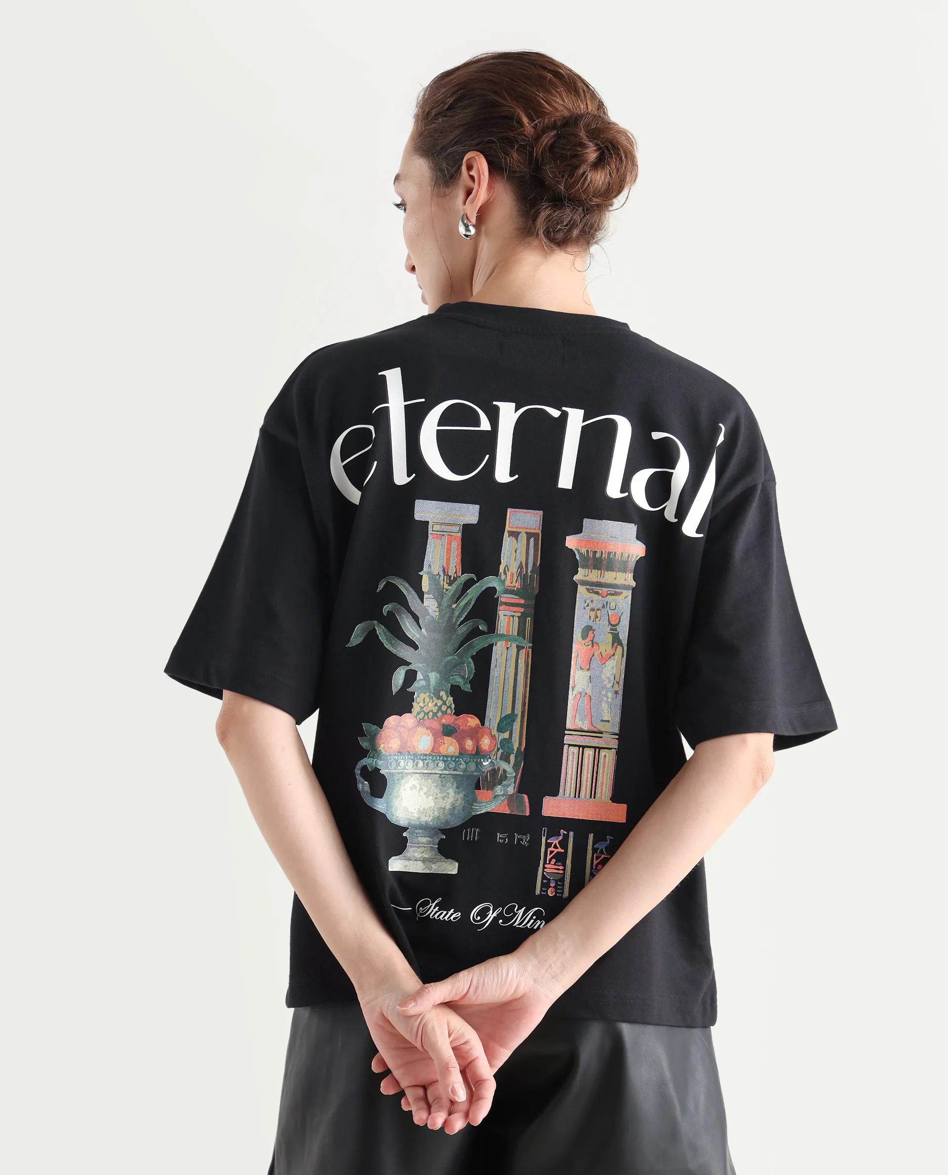 Rareism Women's Klend Black Cotton Graphic Print Oversized T-Shirt - Image 9