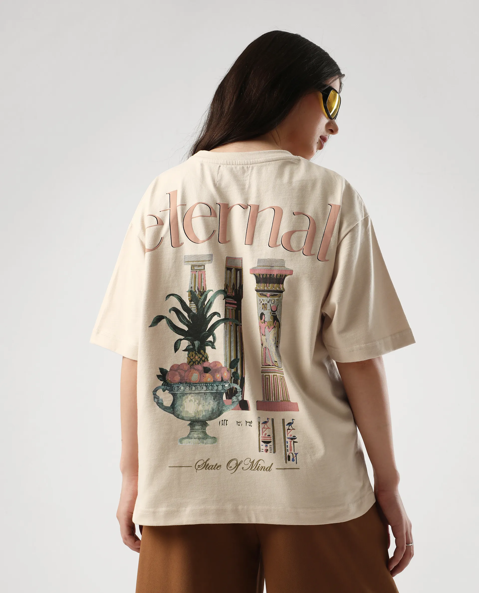 Rareism Women's Klend Off White Cotton Graphic Print Oversized T-Shirt
