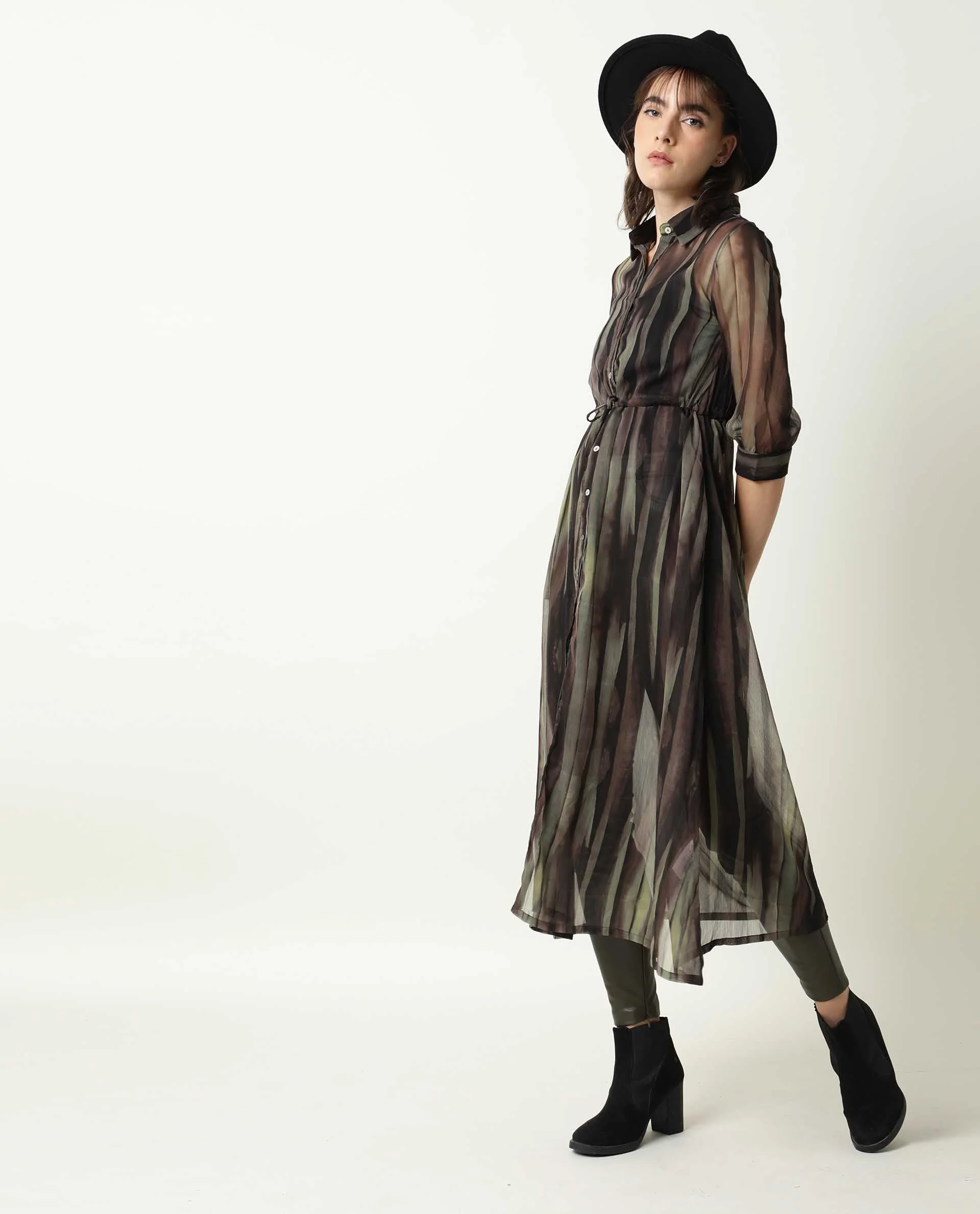 Rareism Women's Klepto Green Spread Collar Striped Knee Length Regular Fit Dress - Image 2