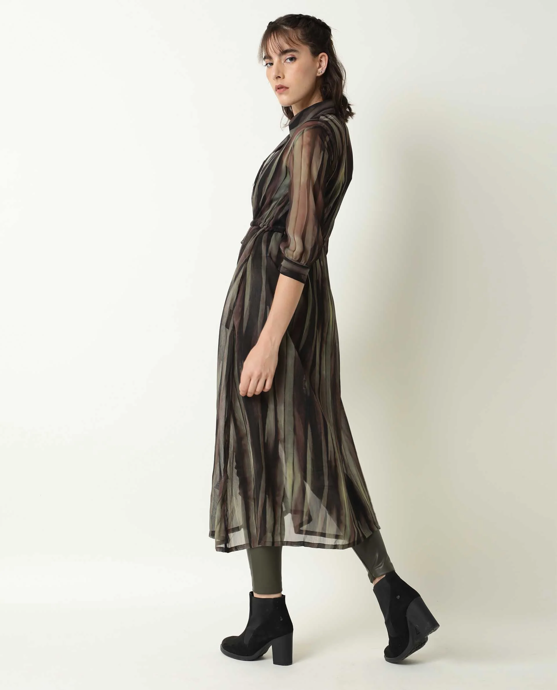 Rareism Women's Klepto Green Spread Collar Striped Knee Length Regular Fit Dress - Image 6