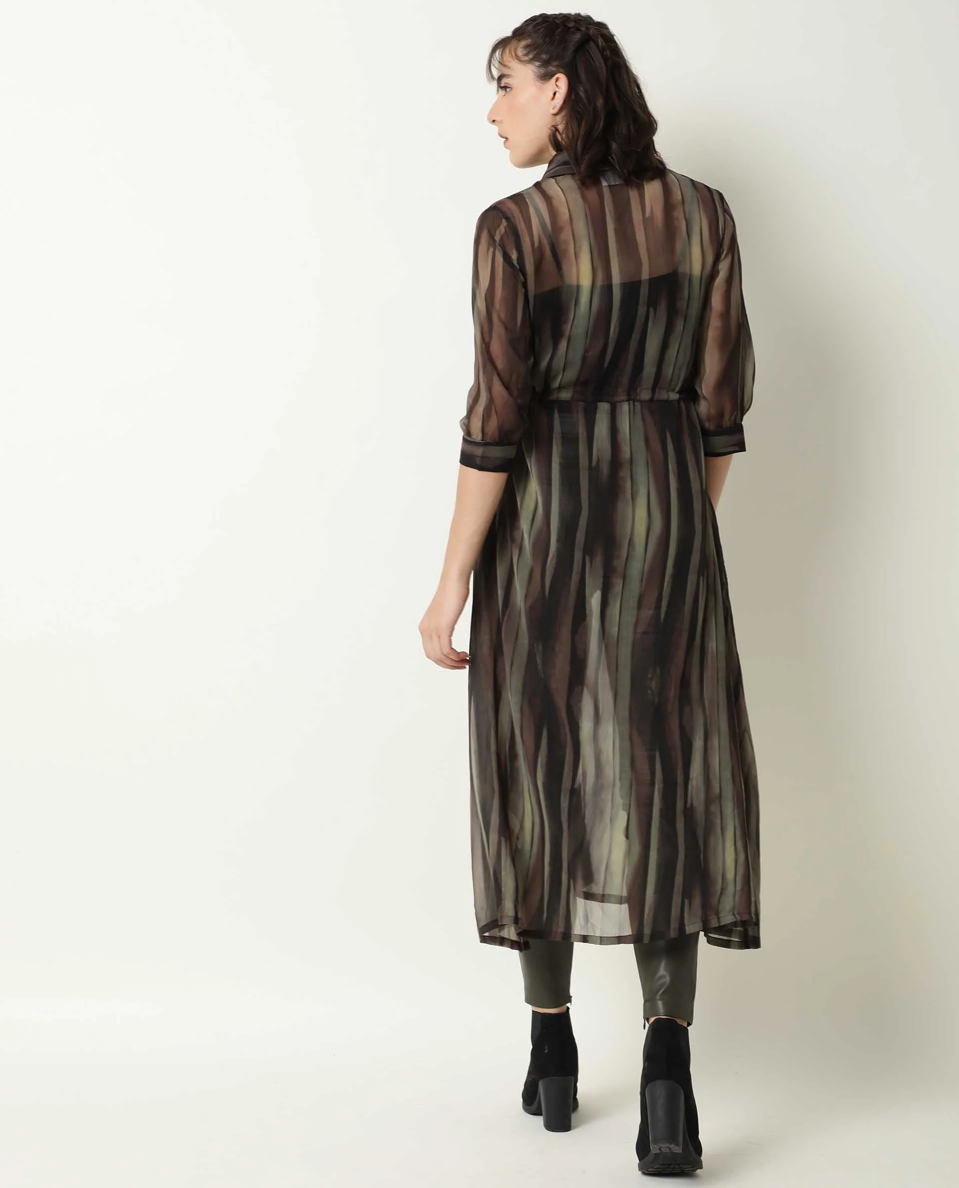 Rareism Women's Klepto Green Spread Collar Striped Knee Length Regular Fit Dress - Image 7