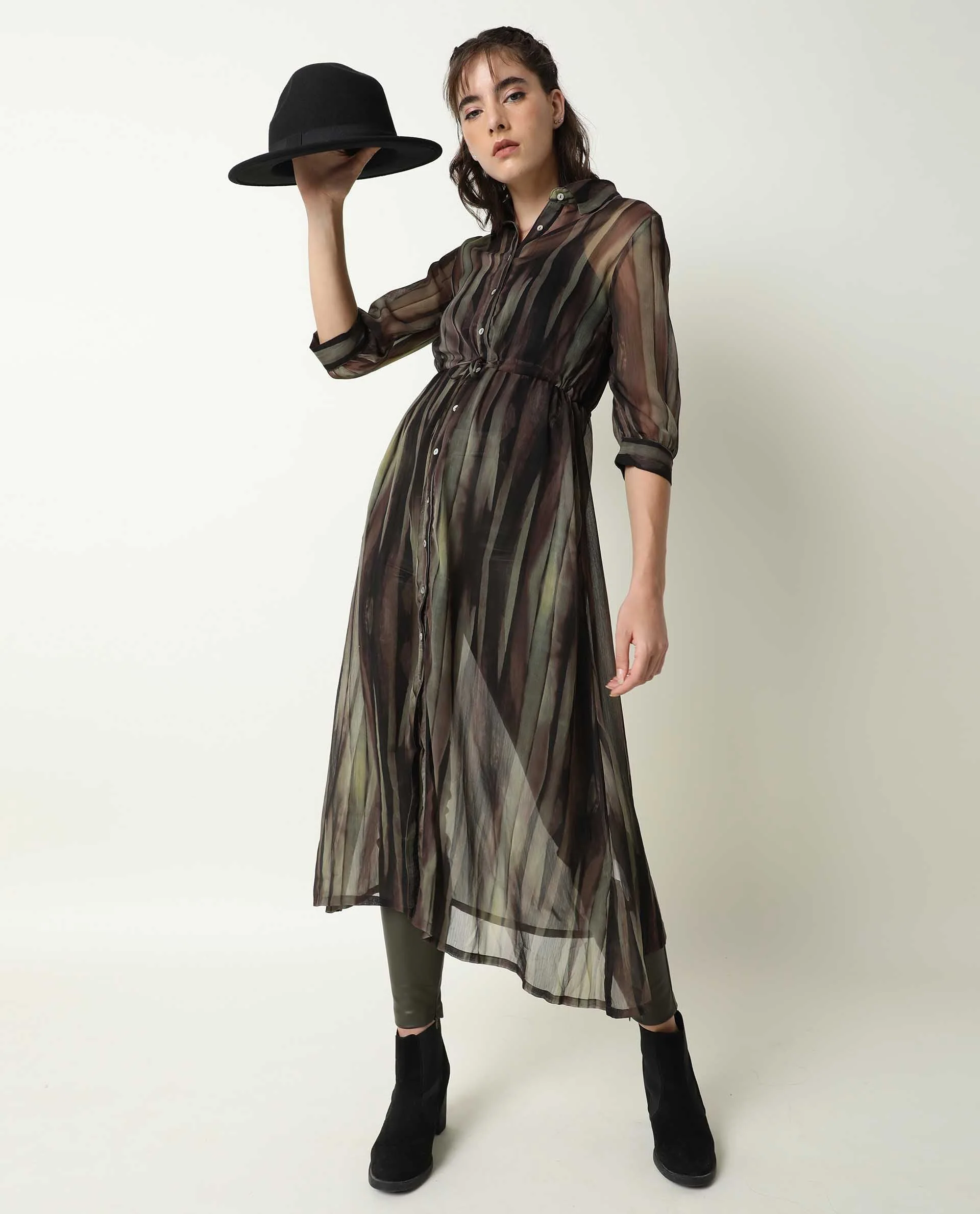 Rareism Women's Klepto Green Spread Collar Striped Knee Length Regular Fit Dress - Image 8
