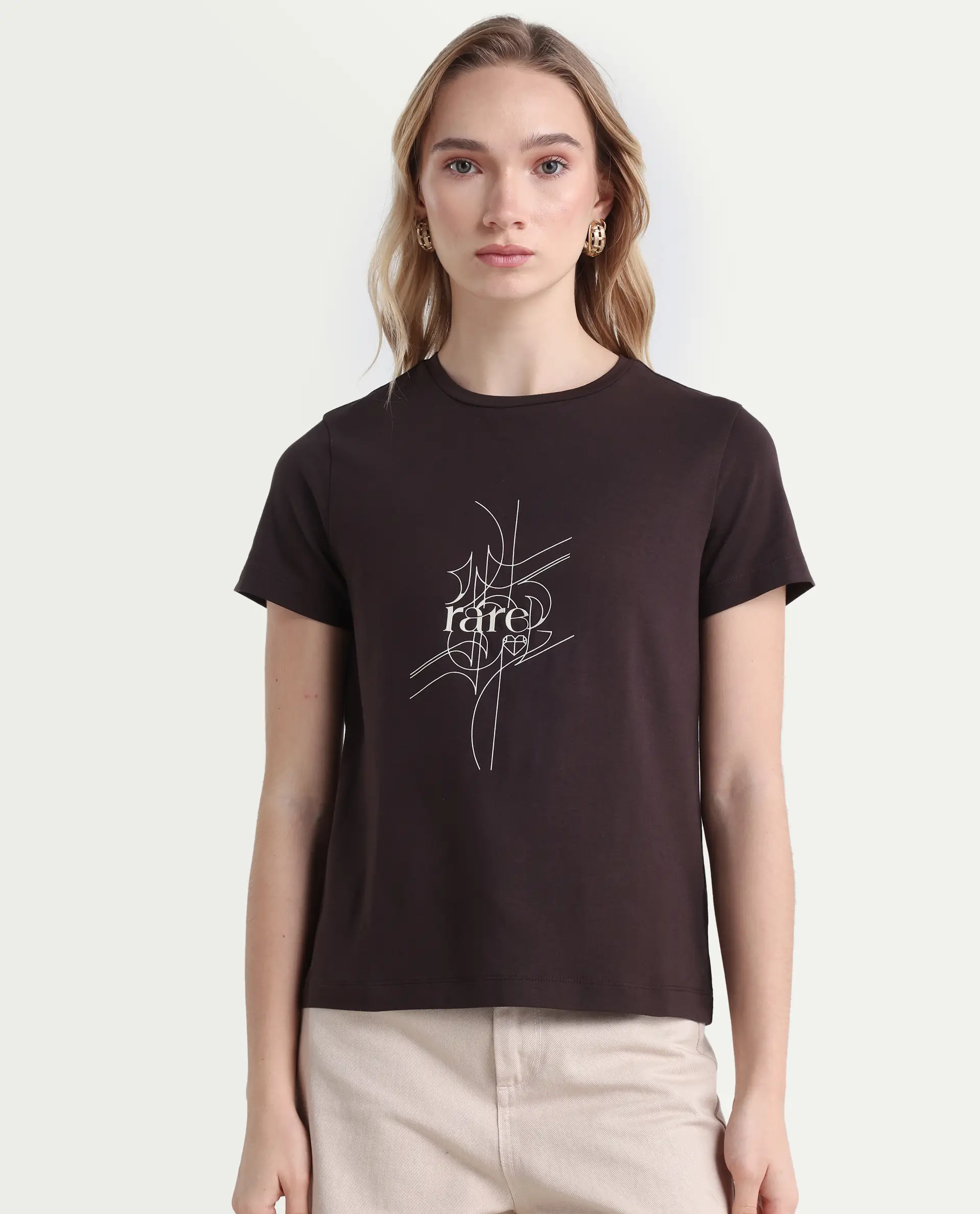 Rareism Women's Klino Dark Brown Cotton Blend Crew Neck Graphic Print Regular Fit T-Shirt - Image 3