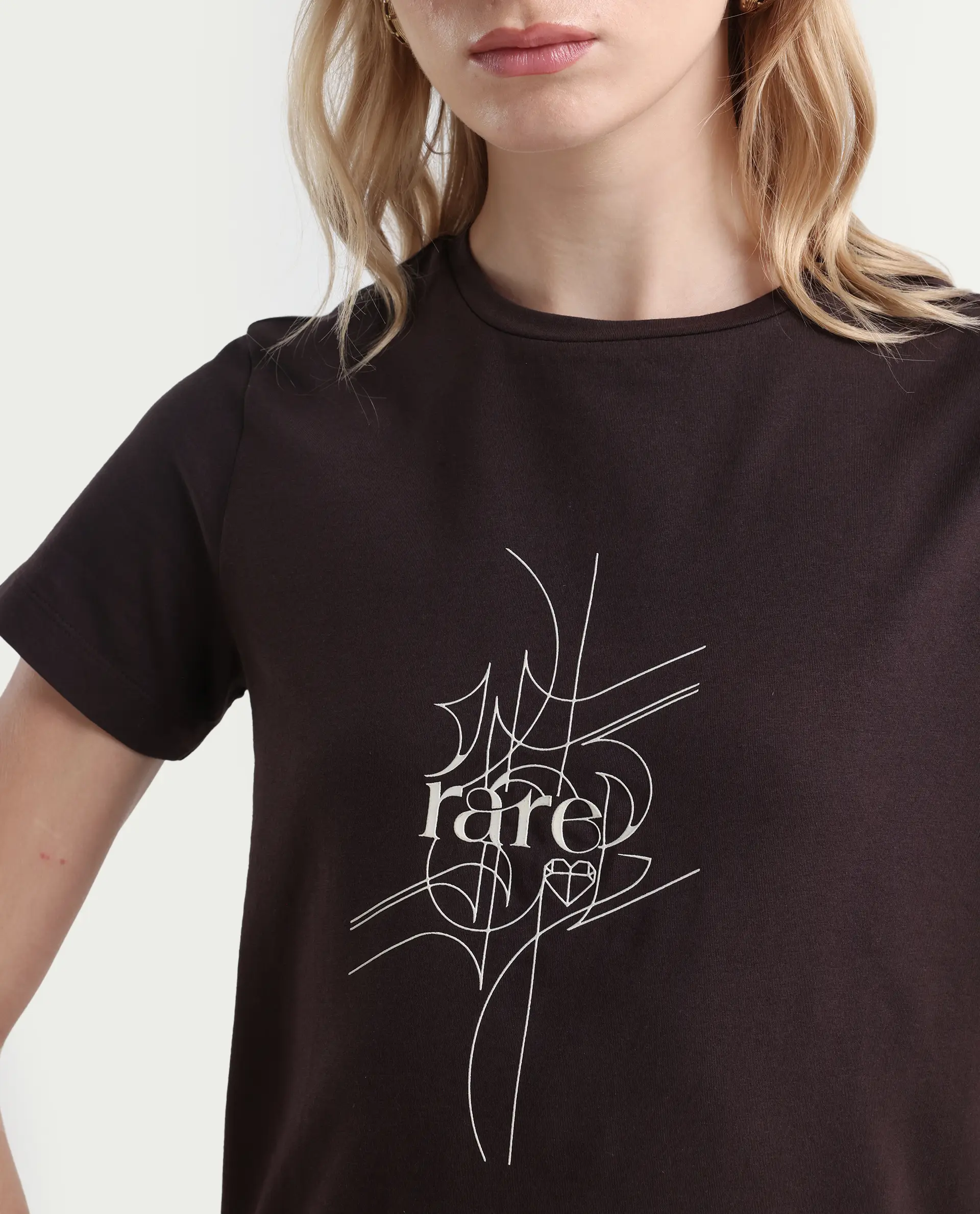 Rareism Women's Klino Dark Brown Cotton Blend Crew Neck Graphic Print Regular Fit T-Shirt - Image 4