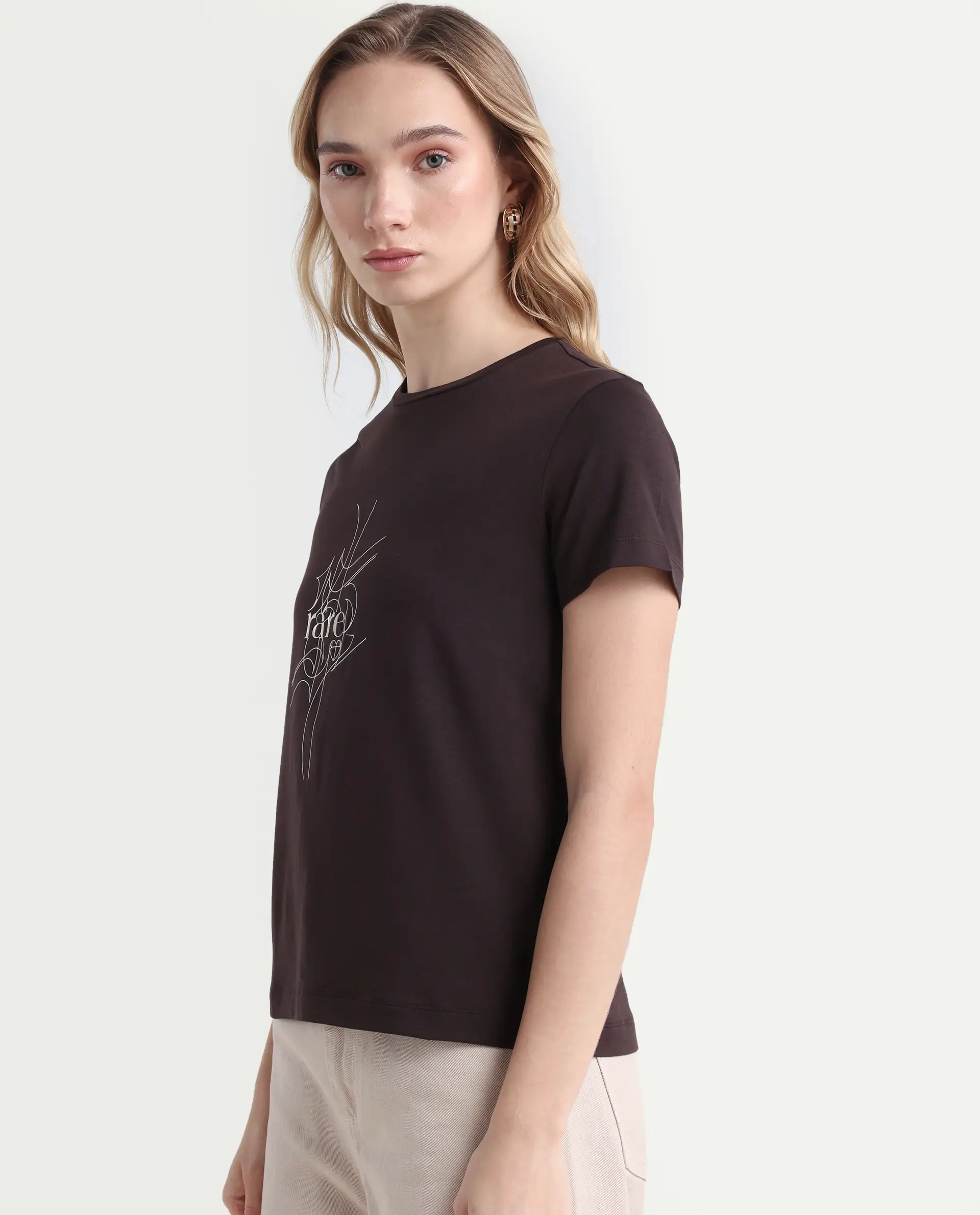 Rareism Women's Klino Dark Brown Cotton Blend Crew Neck Graphic Print Regular Fit T-Shirt - Image 5