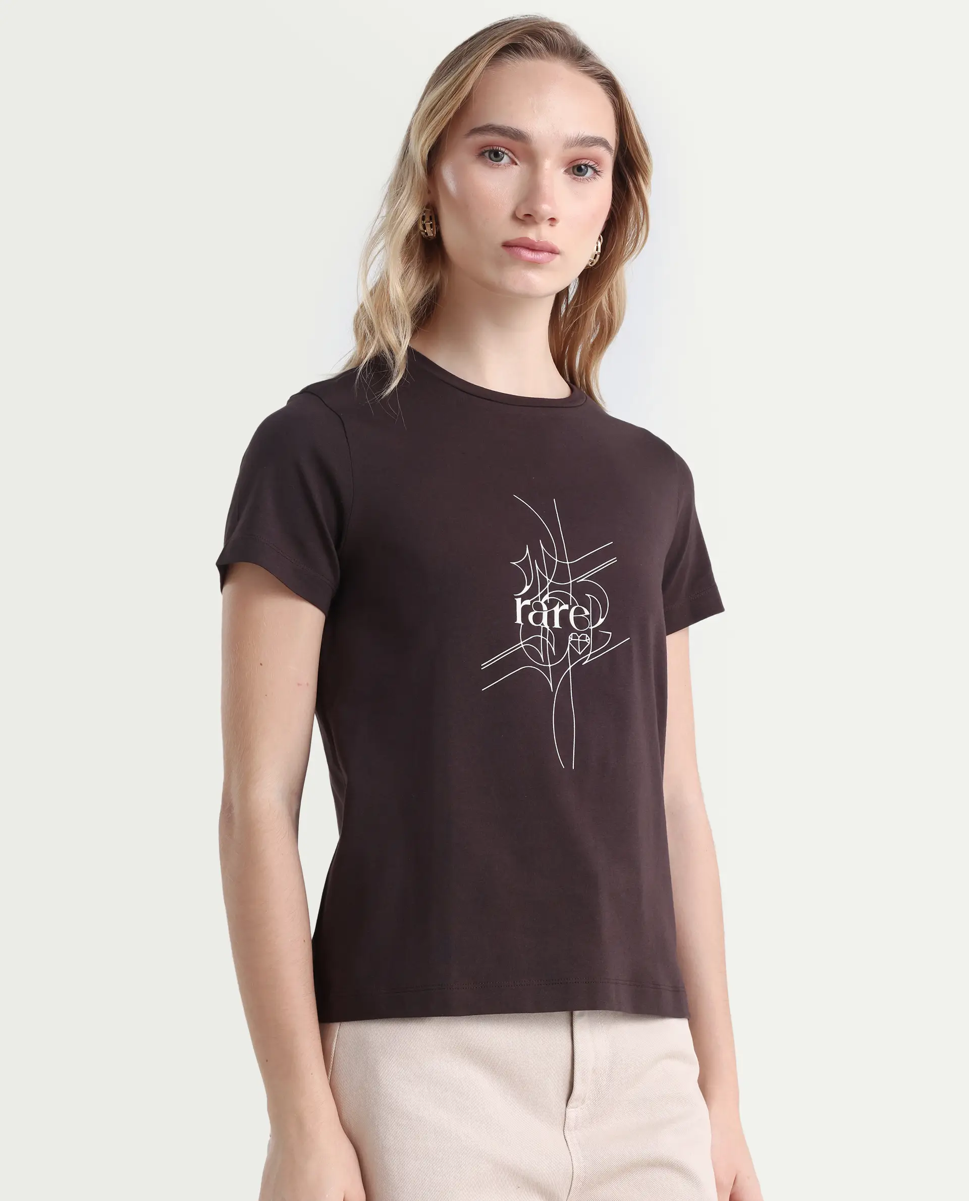 Rareism Women's Klino Dark Brown Cotton Blend Crew Neck Graphic Print Regular Fit T-Shirt - Image 6