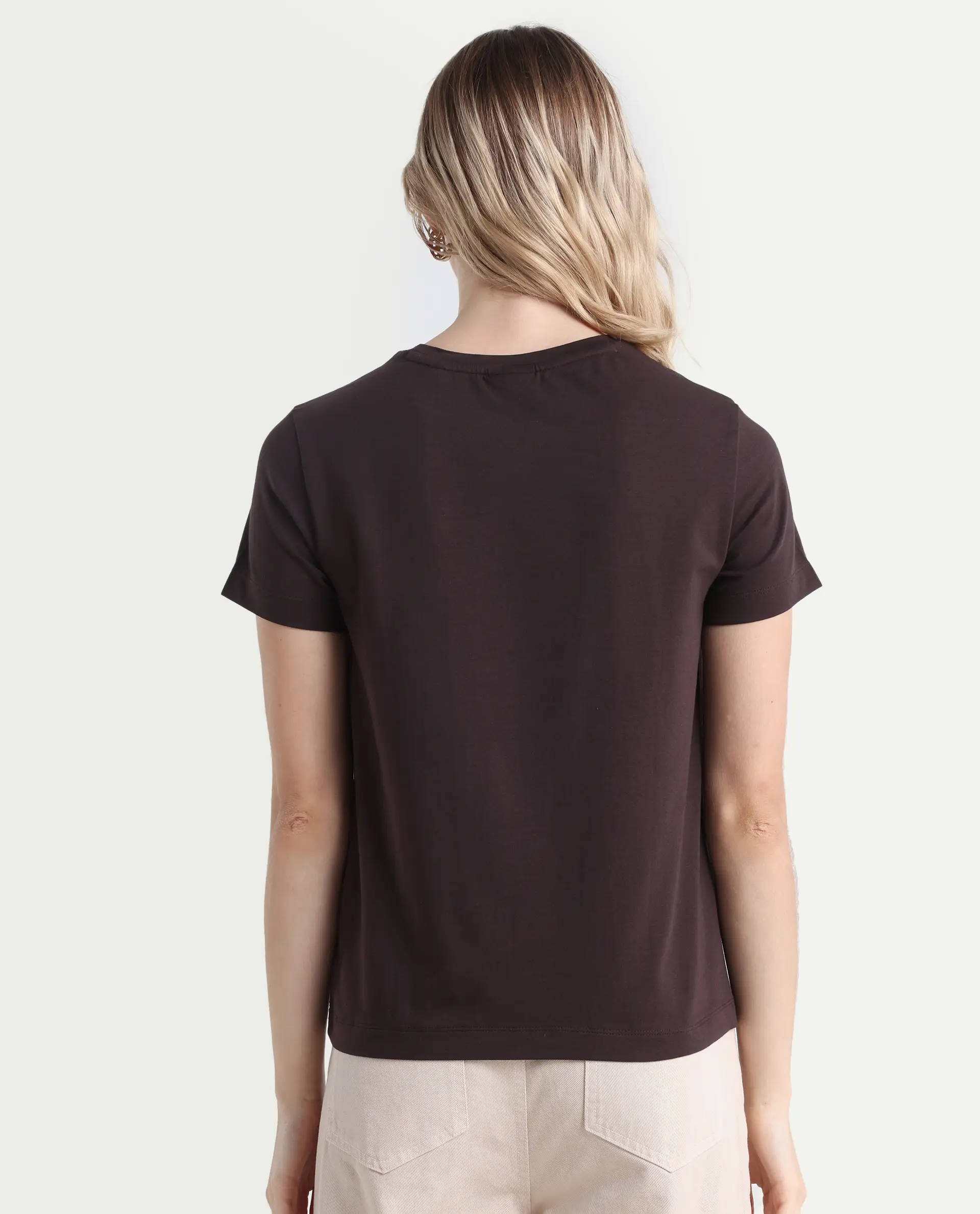 Rareism Women's Klino Dark Brown Cotton Blend Crew Neck Graphic Print Regular Fit T-Shirt - Image 7