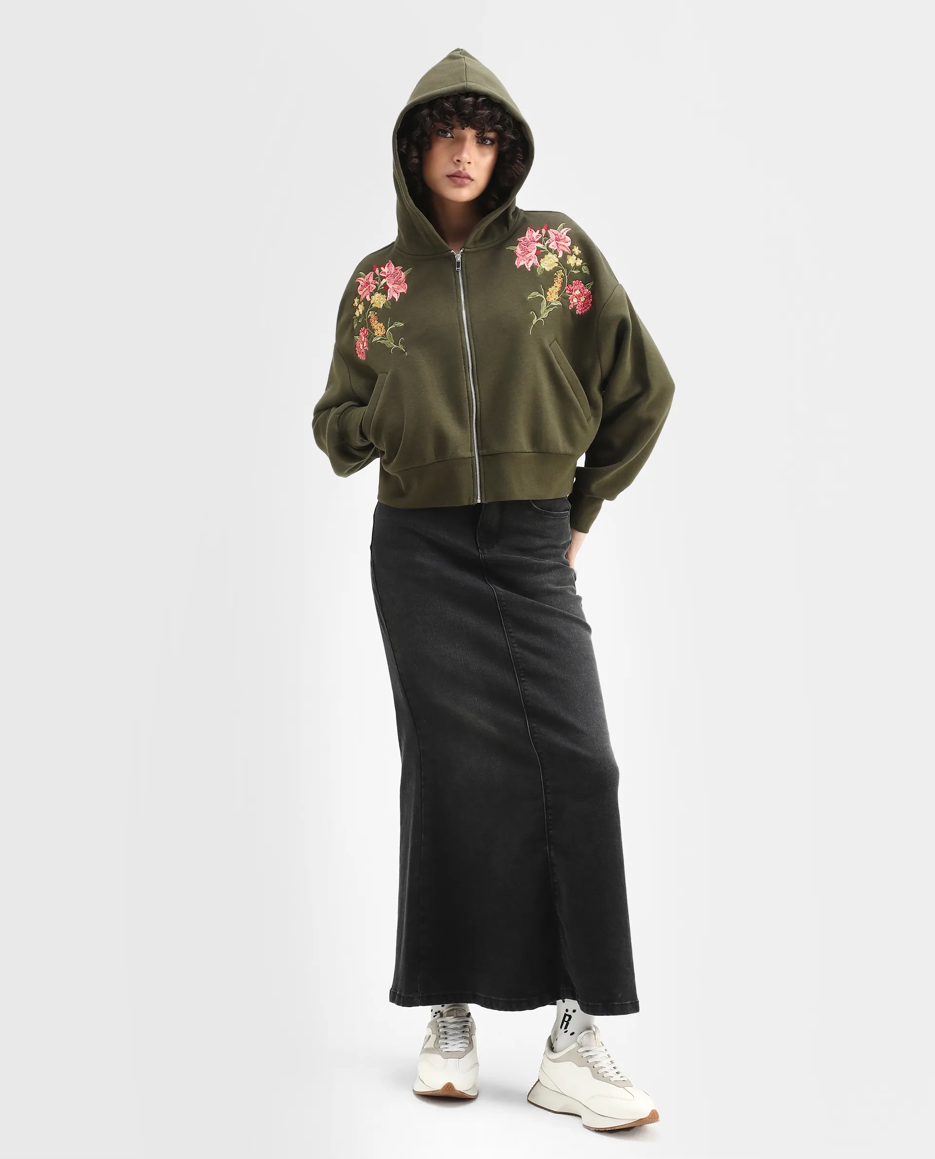 Rareism Women's Klio Dark Olive Cotton Blend Hooded Oversize Fit Printed Sweatshirt - Image 2