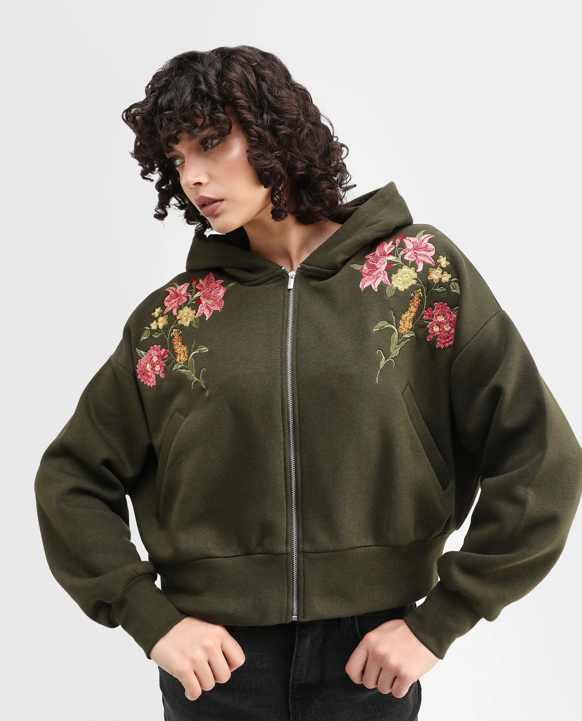 Rareism Women's Klio Dark Olive Cotton Blend Hooded Oversize Fit Printed Sweatshirt - Image 3