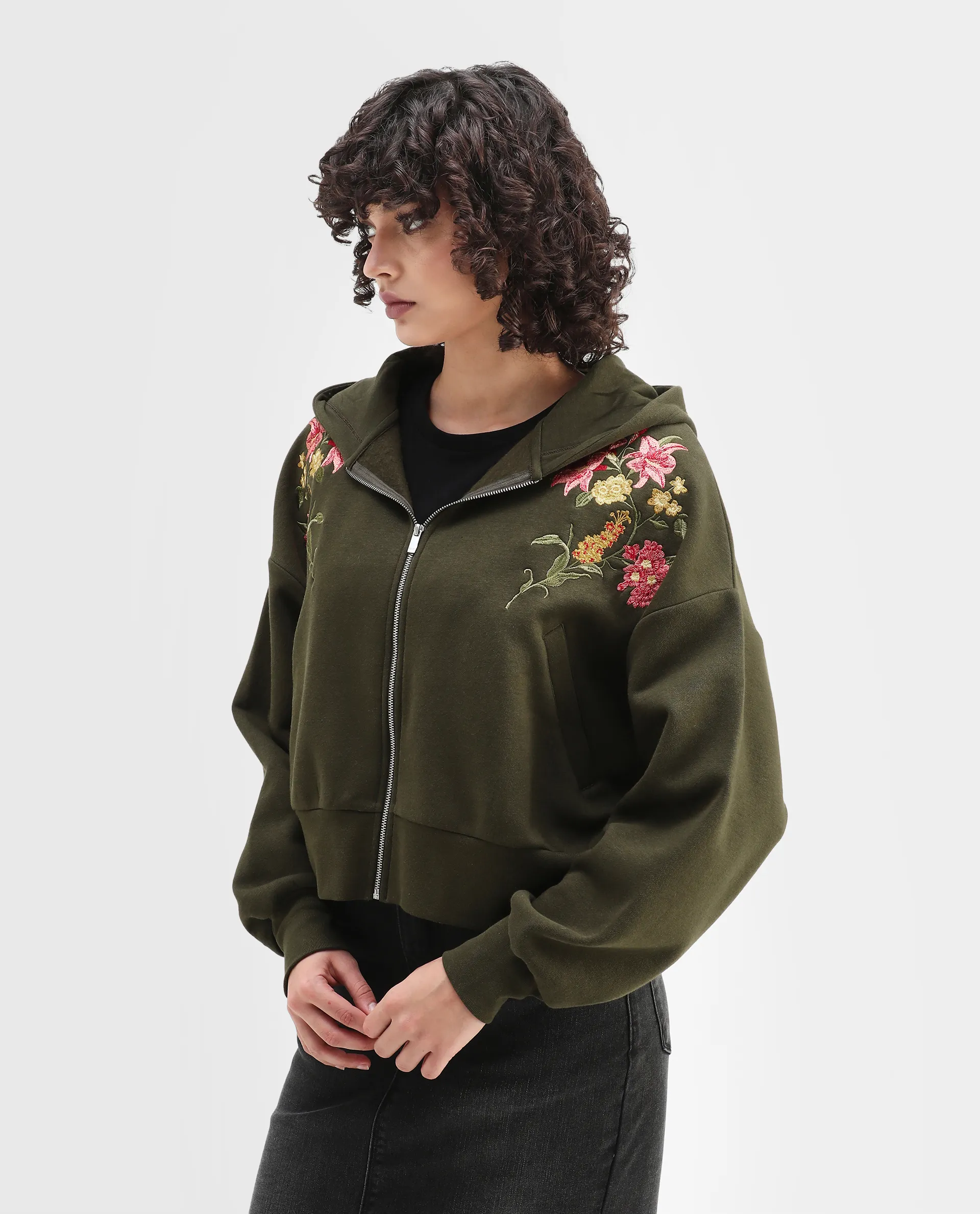 Rareism Women's Klio Dark Olive Cotton Blend Hooded Oversize Fit Printed Sweatshirt - Image 5