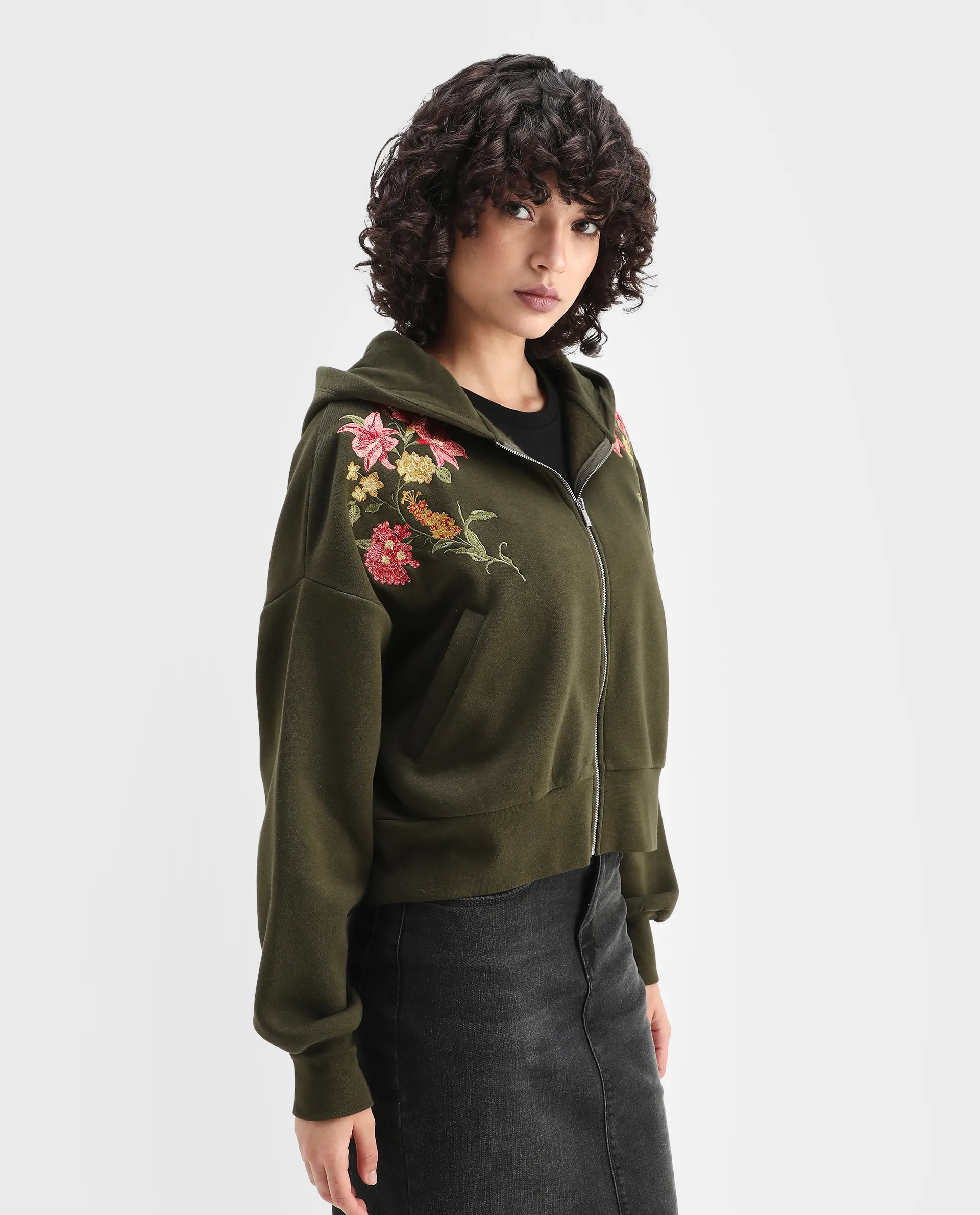 Rareism Women's Klio Dark Olive Cotton Blend Hooded Oversize Fit Printed Sweatshirt - Image 6