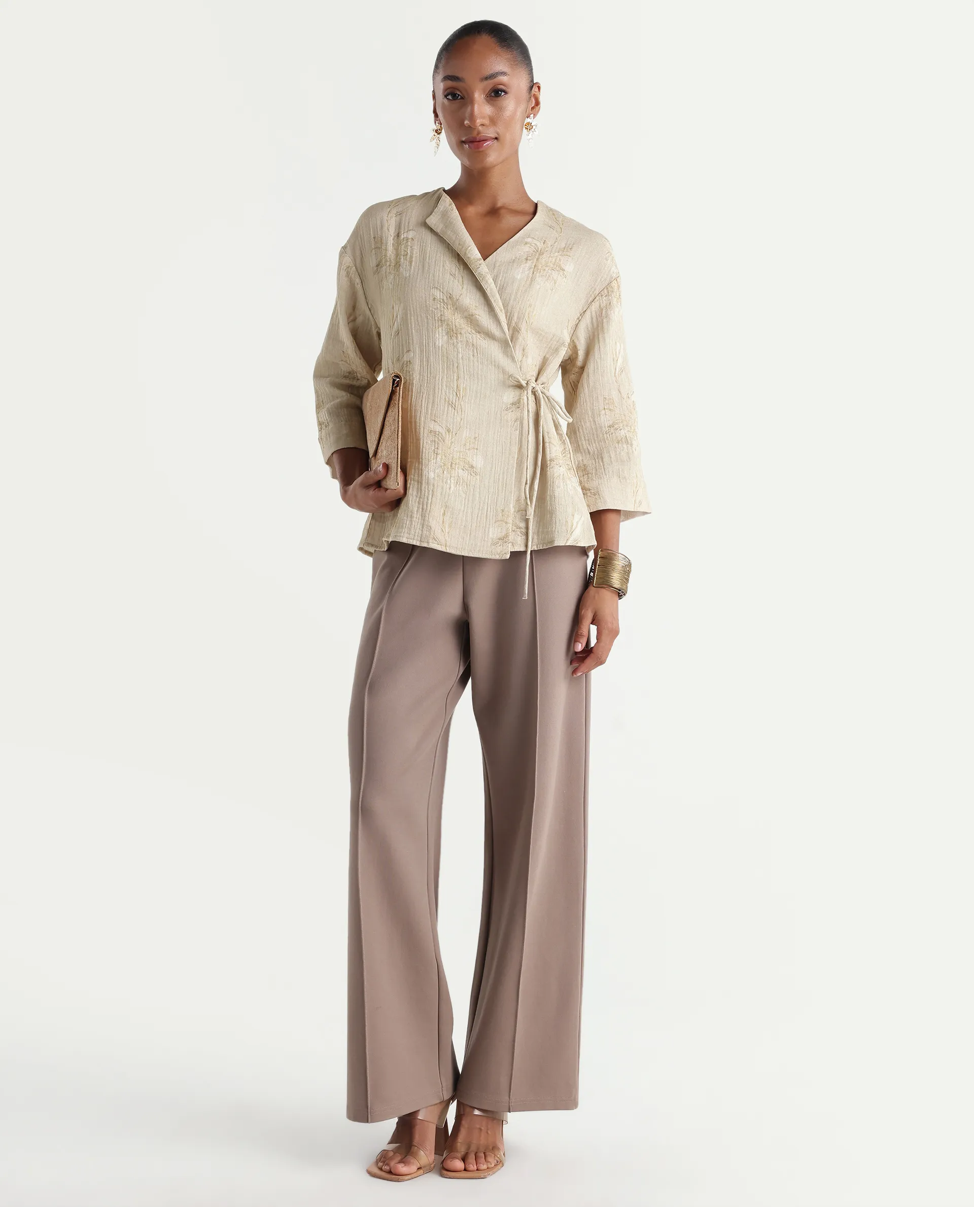Rareism Women's Kloe-T Beige Cotton Over Lap Regular Floral Print Top - Image 2
