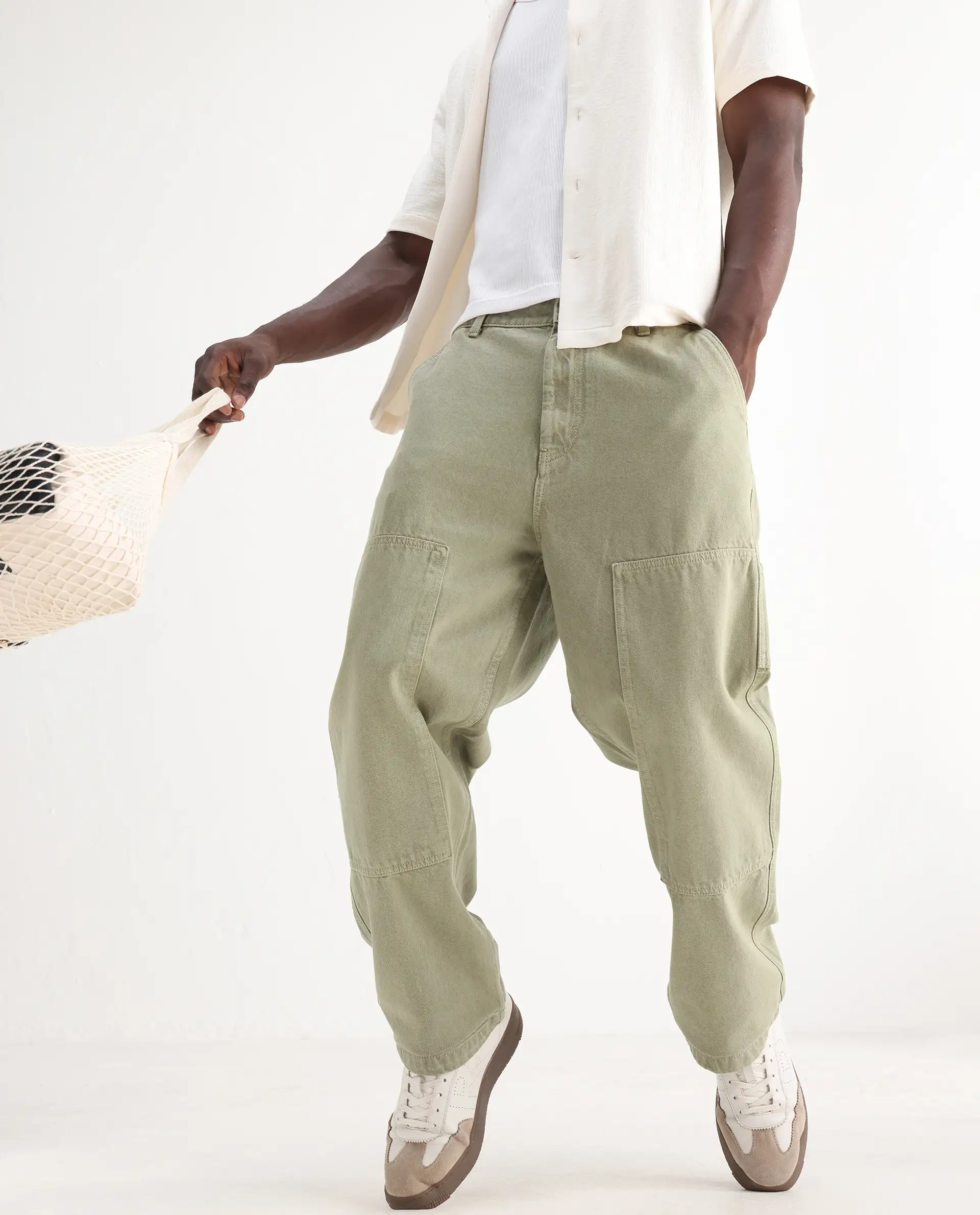Rare Rabbit Men's Klop Pastel Green Cotton Plain Carpenter Fit Jeans - Image 2