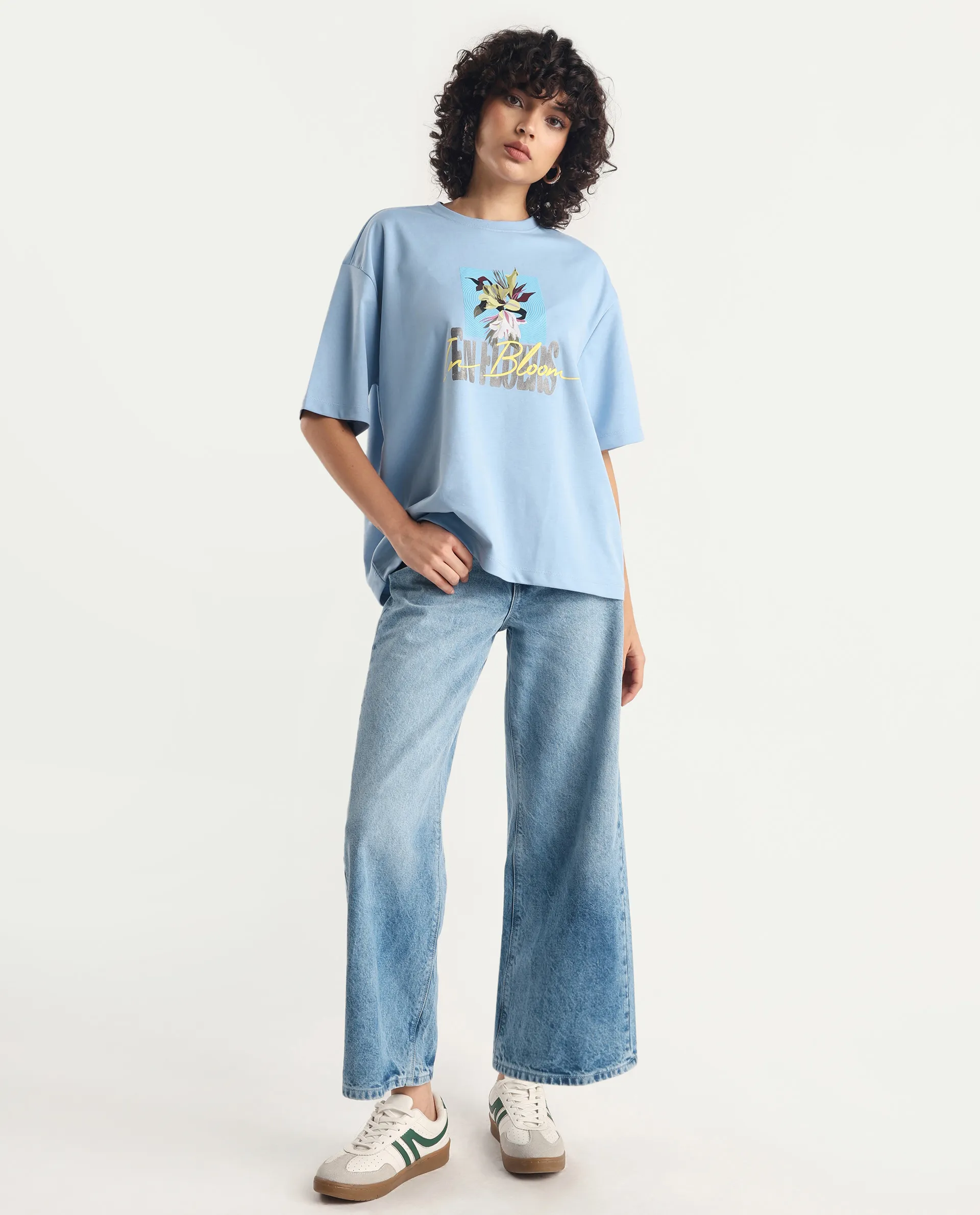 Rareism Women's Klove Light Multi Cotton Blend Crew Neck Graphic Print Oversized T-Shirt - Image 2