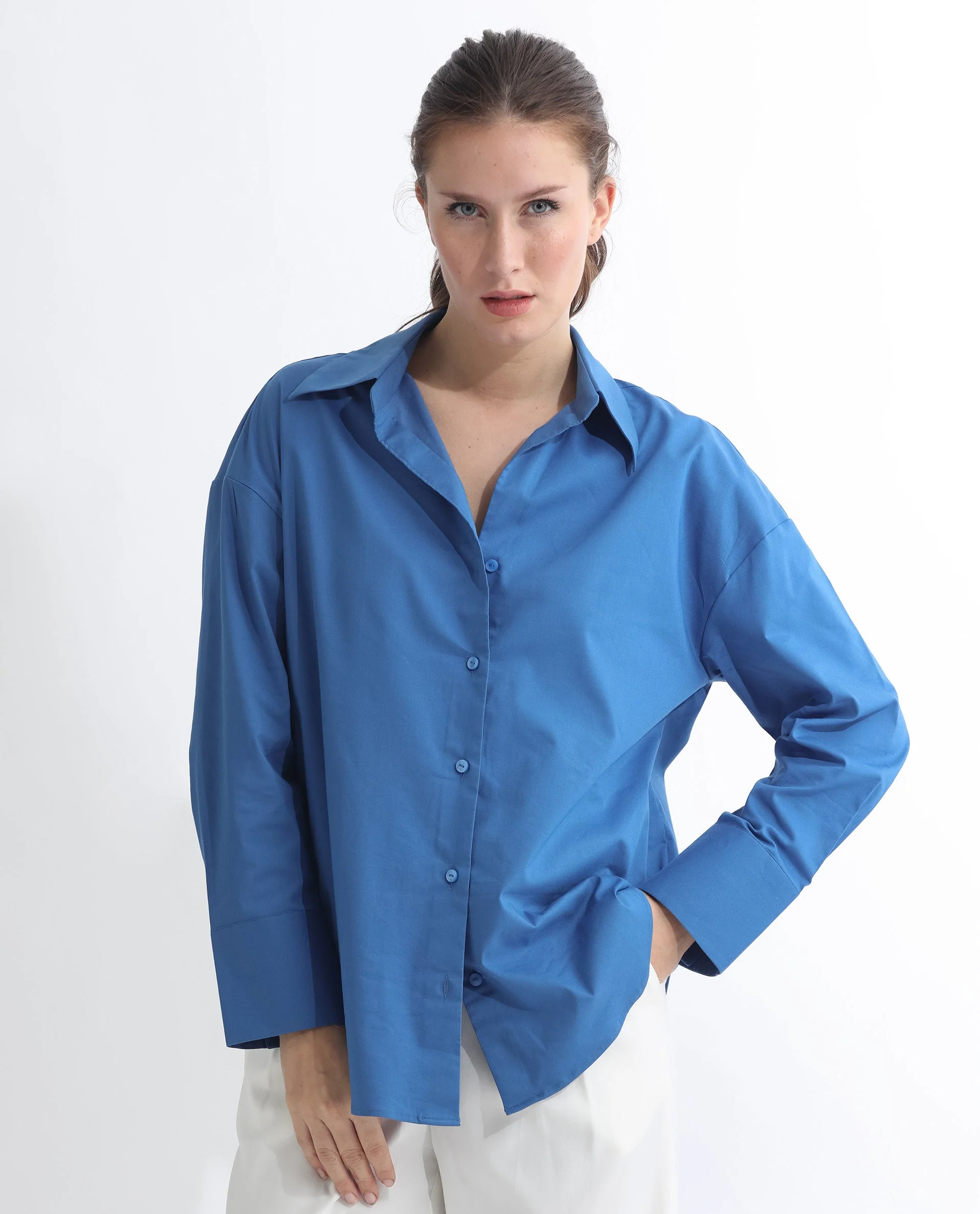 Rareism Women's Klox Dark Blue Cotton Spread Collar Plain Cuffed Sleeve Regular Fit Shirt