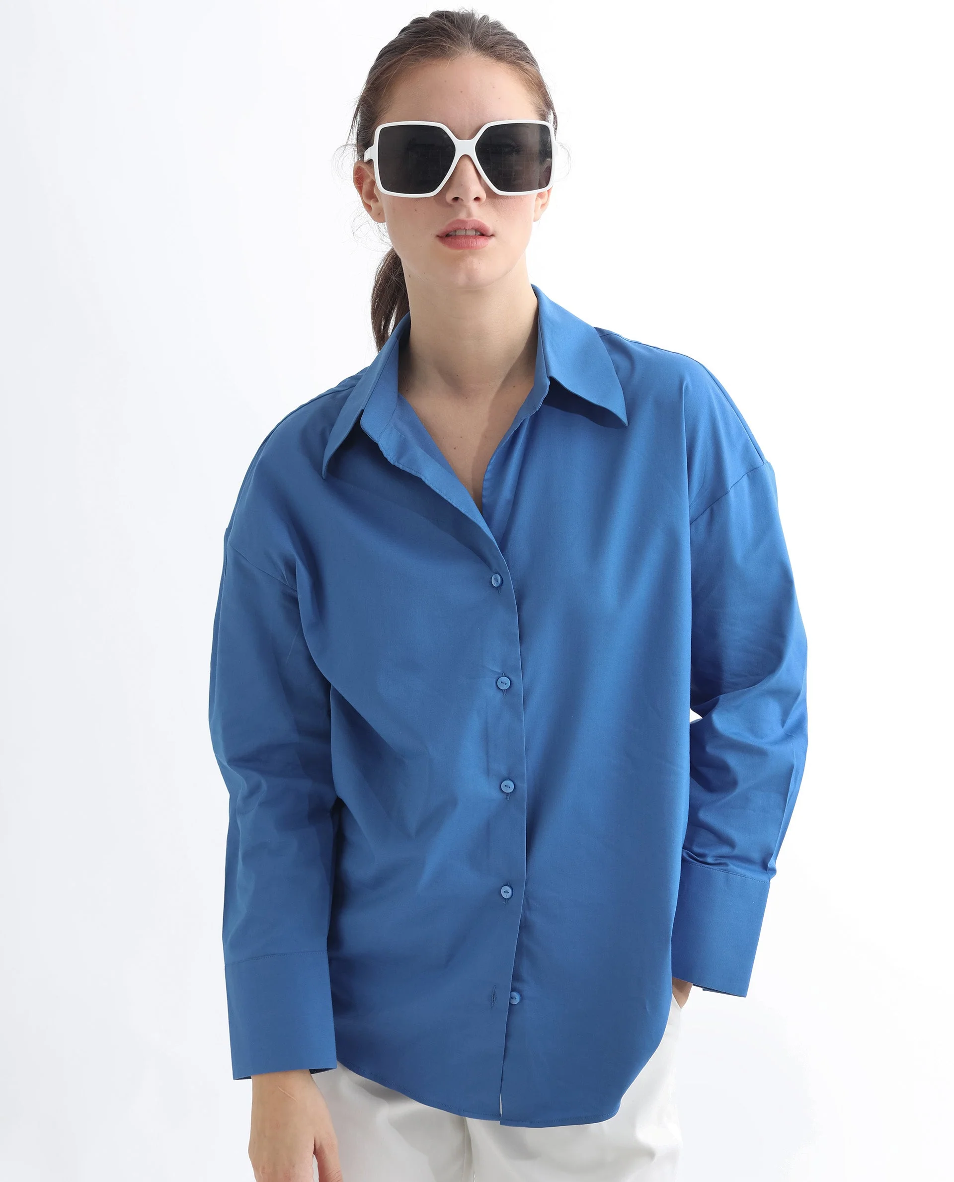 Rareism Women's Klox Dark Blue Cotton Spread Collar Plain Cuffed Sleeve Regular Fit Shirt - Image 12