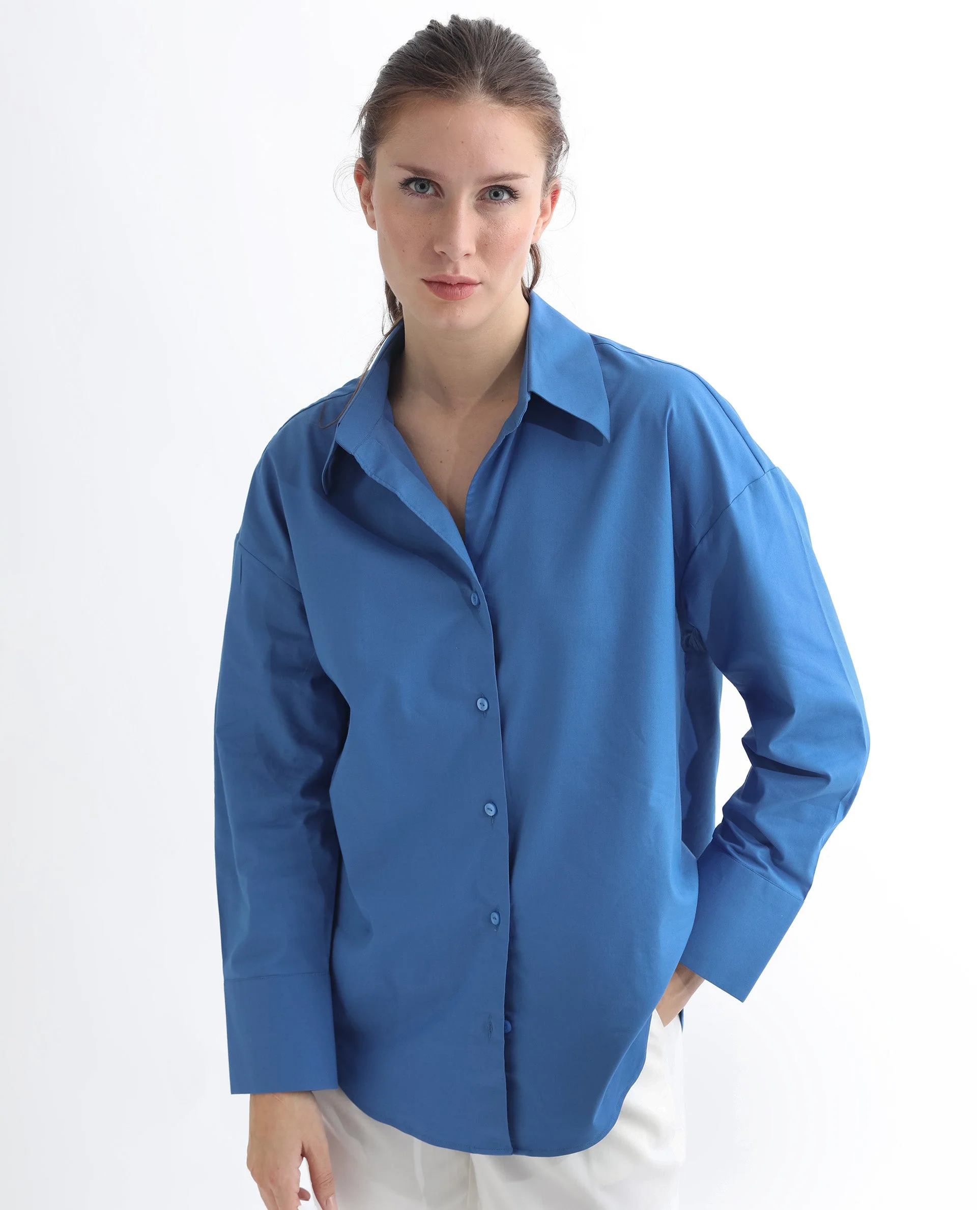 Rareism Women's Klox Dark Blue Cotton Spread Collar Plain Cuffed Sleeve Regular Fit Shirt - Image 13