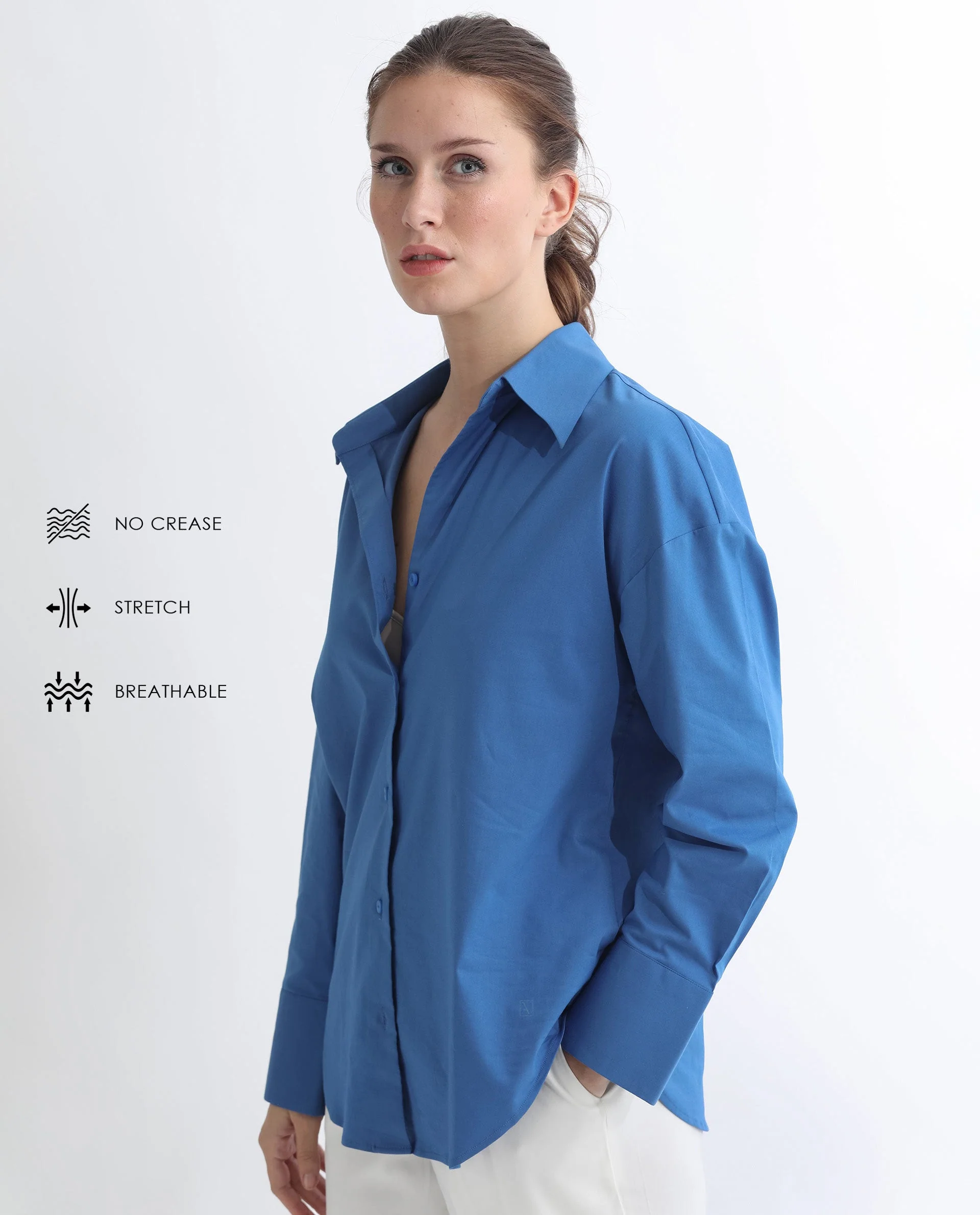 Rareism Women's Klox Dark Blue Cotton Spread Collar Plain Cuffed Sleeve Regular Fit Shirt - Image 2