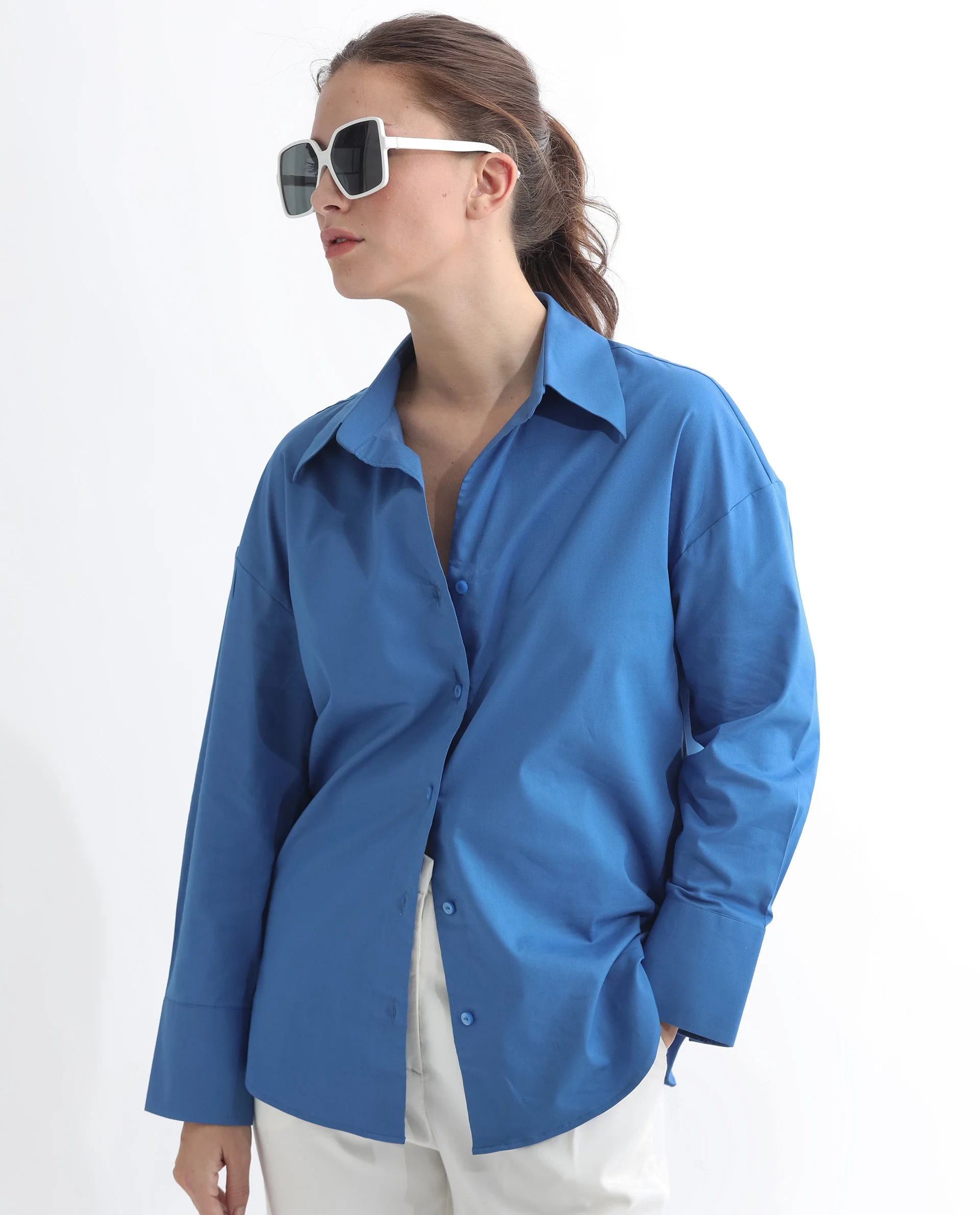 Rareism Women's Klox Dark Blue Cotton Spread Collar Plain Cuffed Sleeve Regular Fit Shirt - Image 3