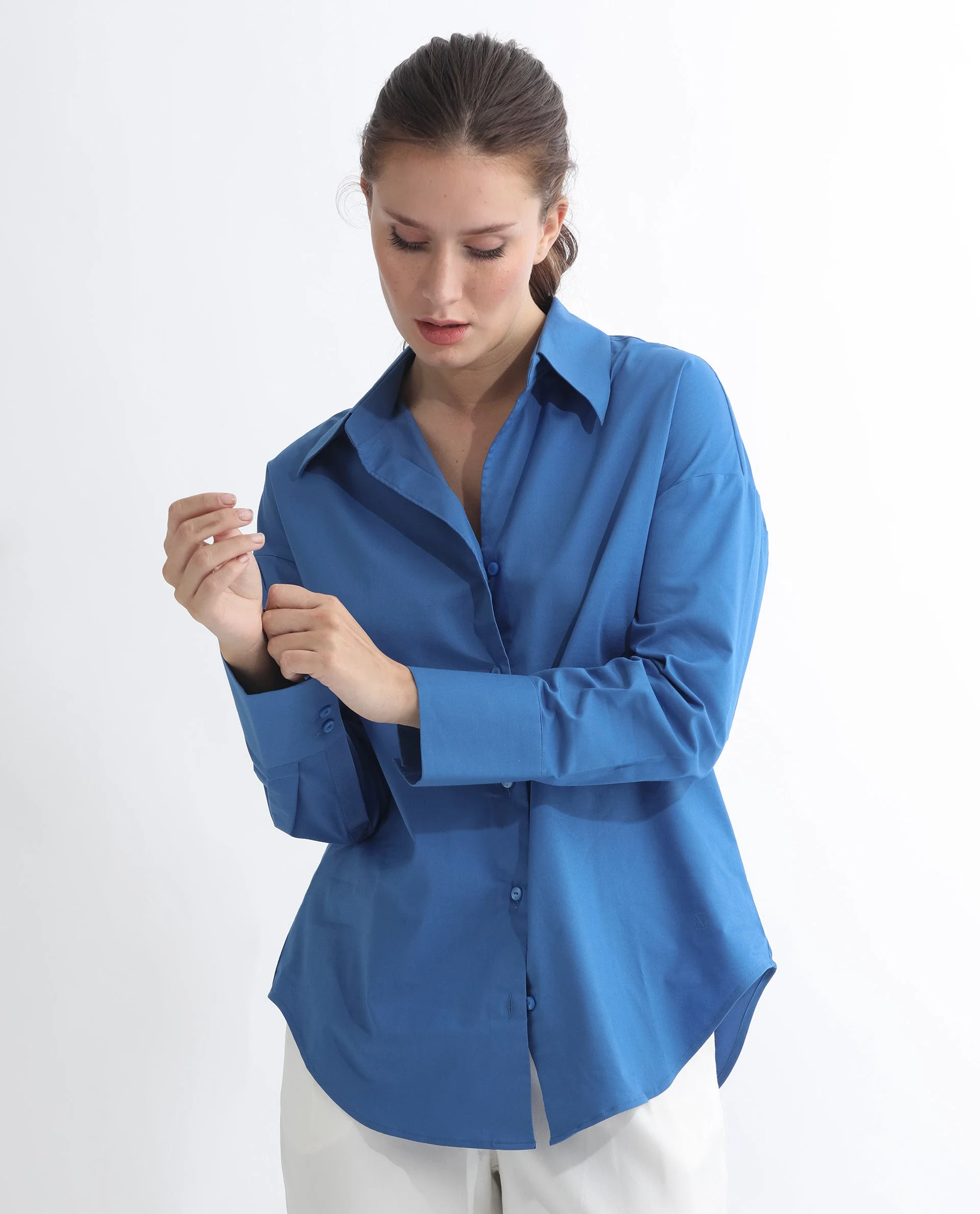 Rareism Women's Klox Dark Blue Cotton Spread Collar Plain Cuffed Sleeve Regular Fit Shirt - Image 4