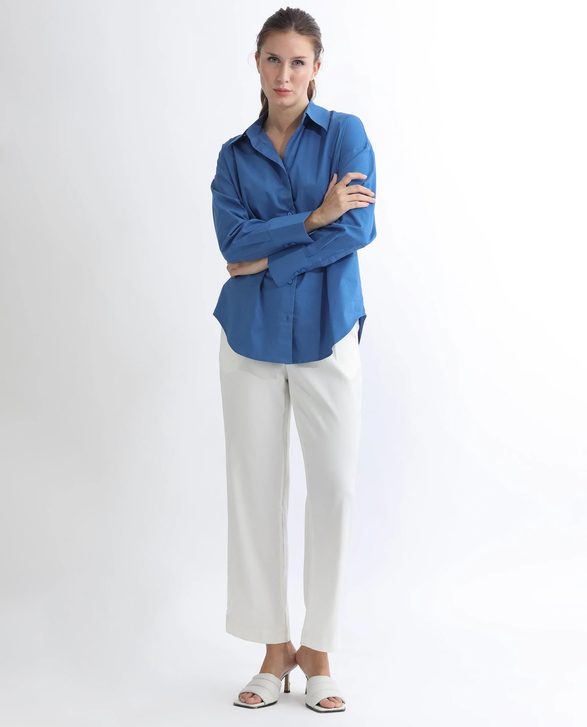 Rareism Women's Klox Dark Blue Cotton Spread Collar Plain Cuffed Sleeve Regular Fit Shirt - Image 6