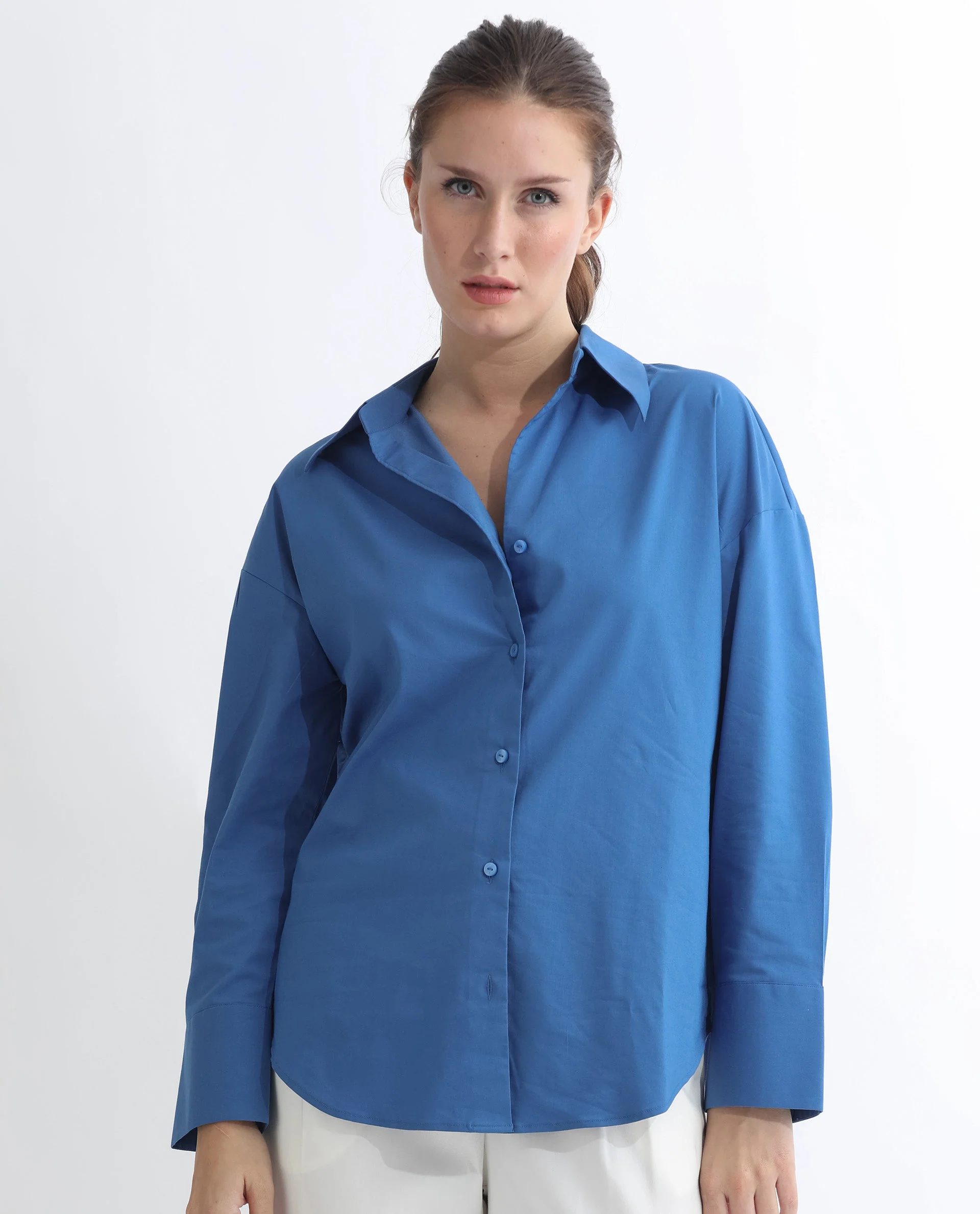 Rareism Women's Klox Dark Blue Cotton Spread Collar Plain Cuffed Sleeve Regular Fit Shirt - Image 7