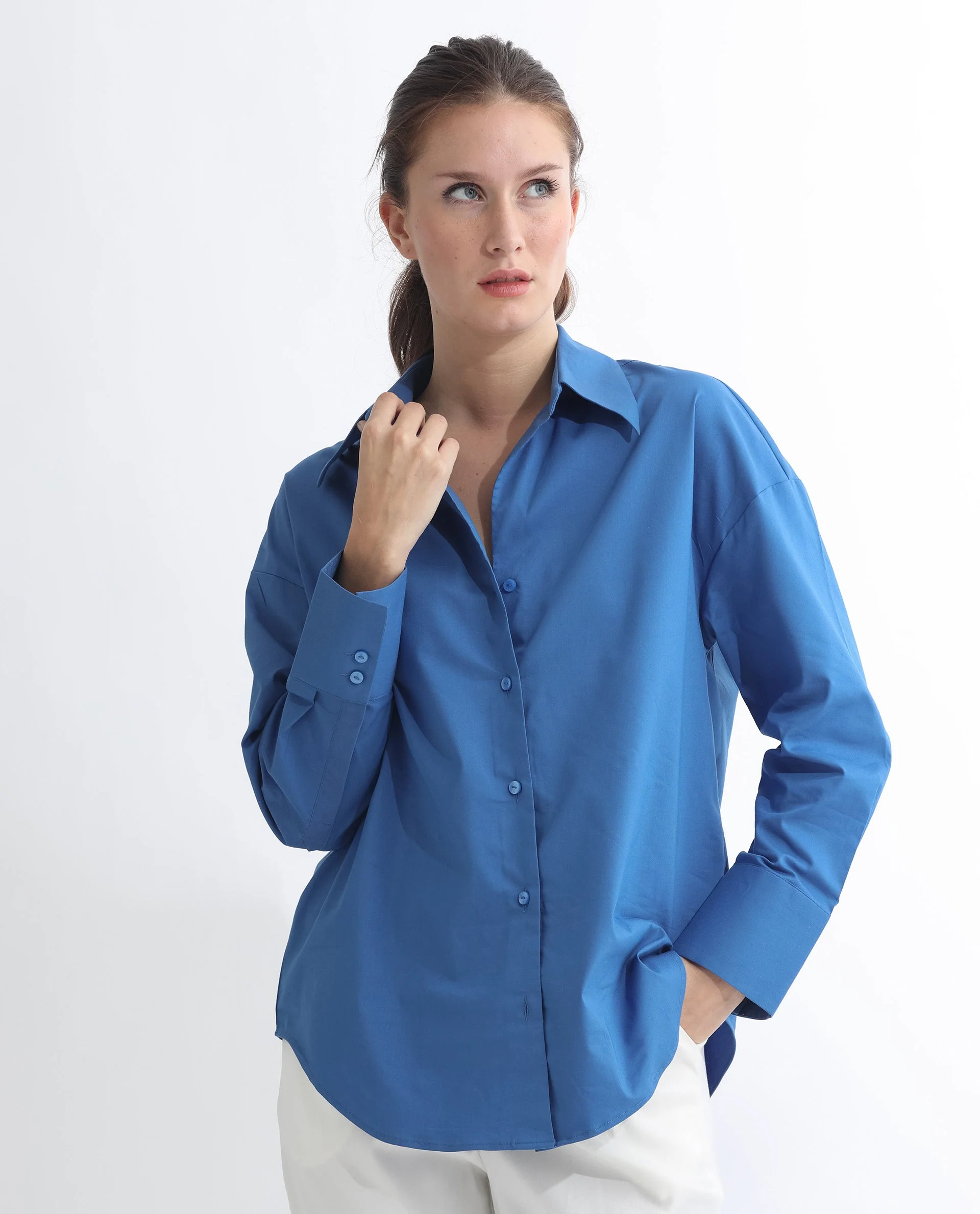 Rareism Women's Klox Dark Blue Cotton Spread Collar Plain Cuffed Sleeve Regular Fit Shirt - Image 8