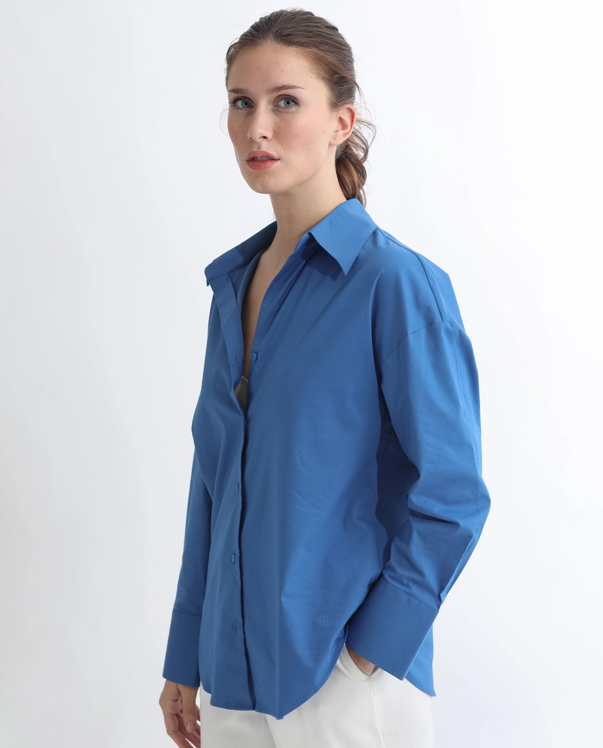 Rareism Women's Klox Dark Blue Cotton Spread Collar Plain Cuffed Sleeve Regular Fit Shirt - Image 9