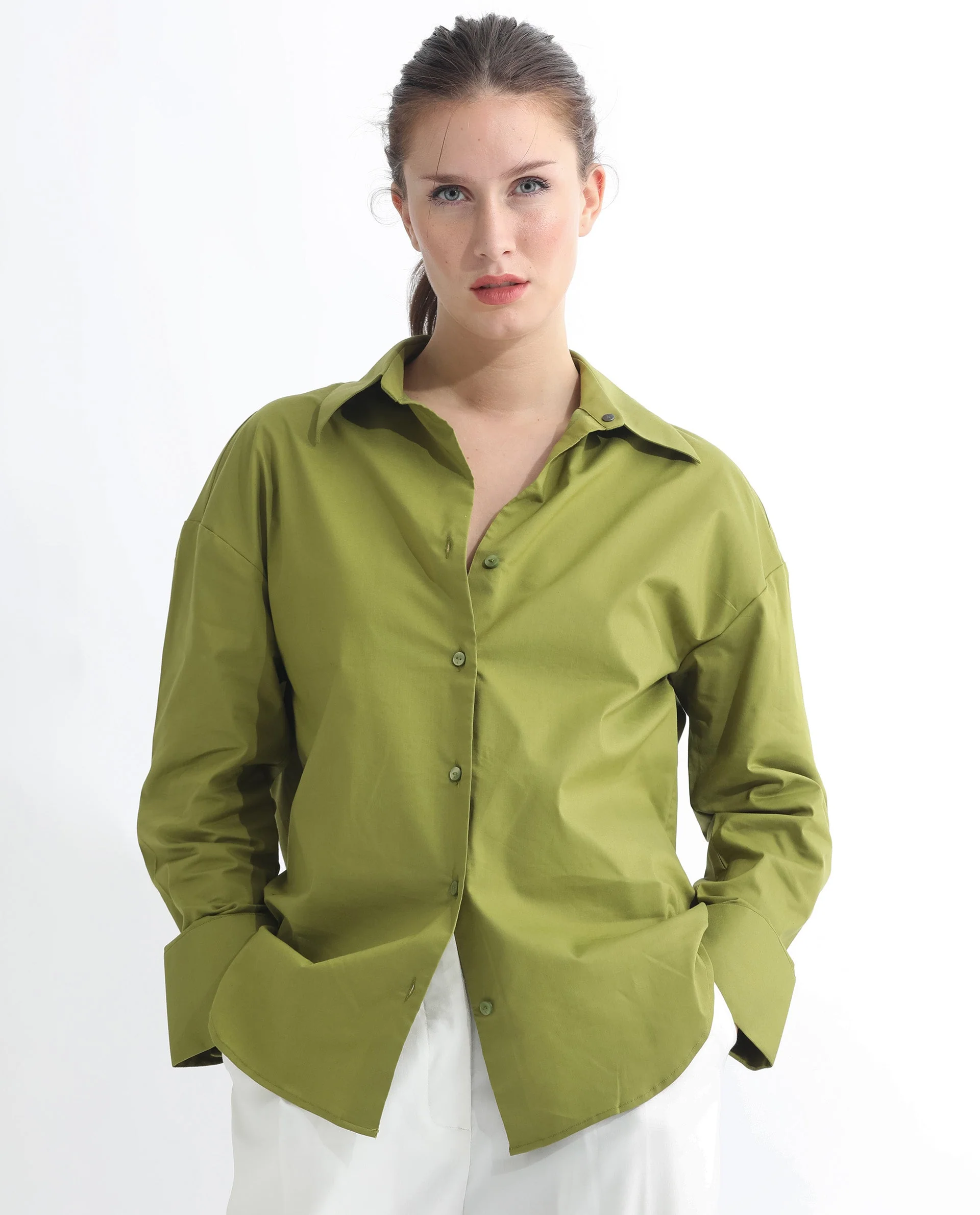 Rareism Women's Klox Light Olive Cotton Spread Collar Plain Cuffed Sleeve Regular Fit Shirt