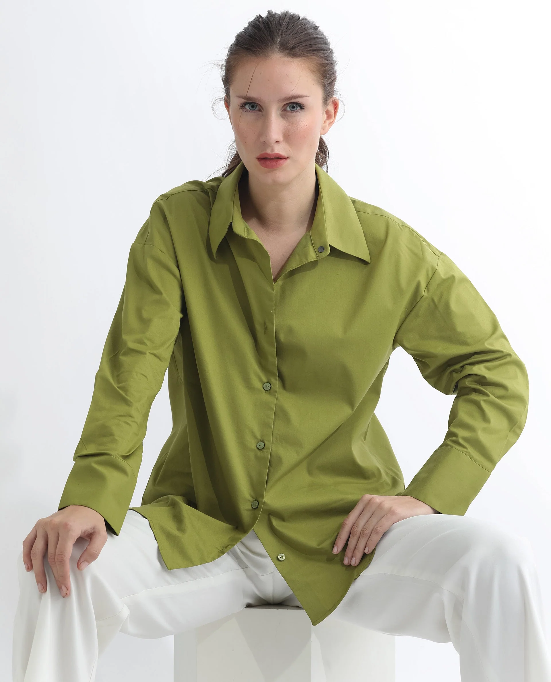 Rareism Women's Klox Light Olive Cotton Spread Collar Plain Cuffed Sleeve Regular Fit Shirt - Image 10