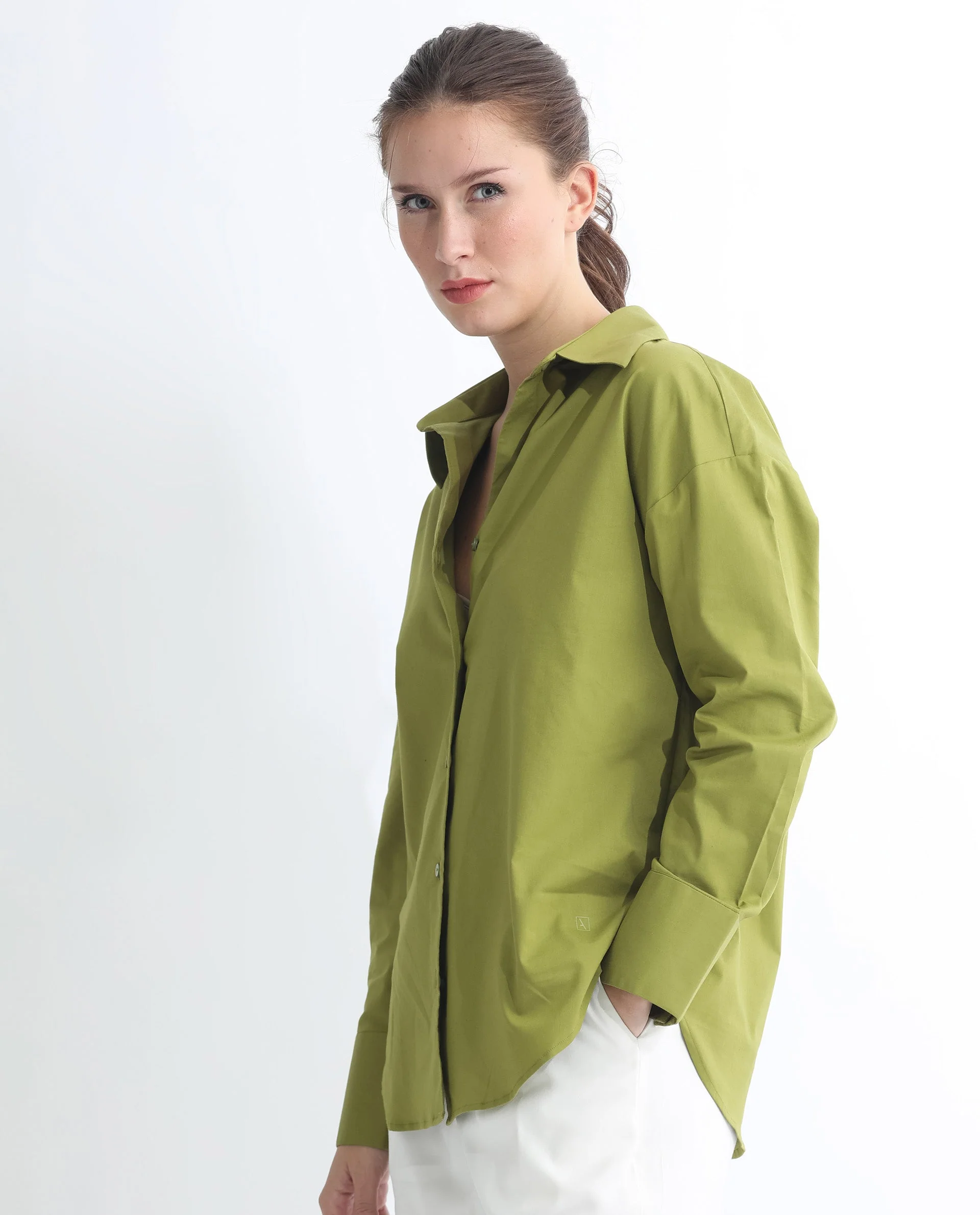 Rareism Women's Klox Light Olive Cotton Spread Collar Plain Cuffed Sleeve Regular Fit Shirt - Image 12