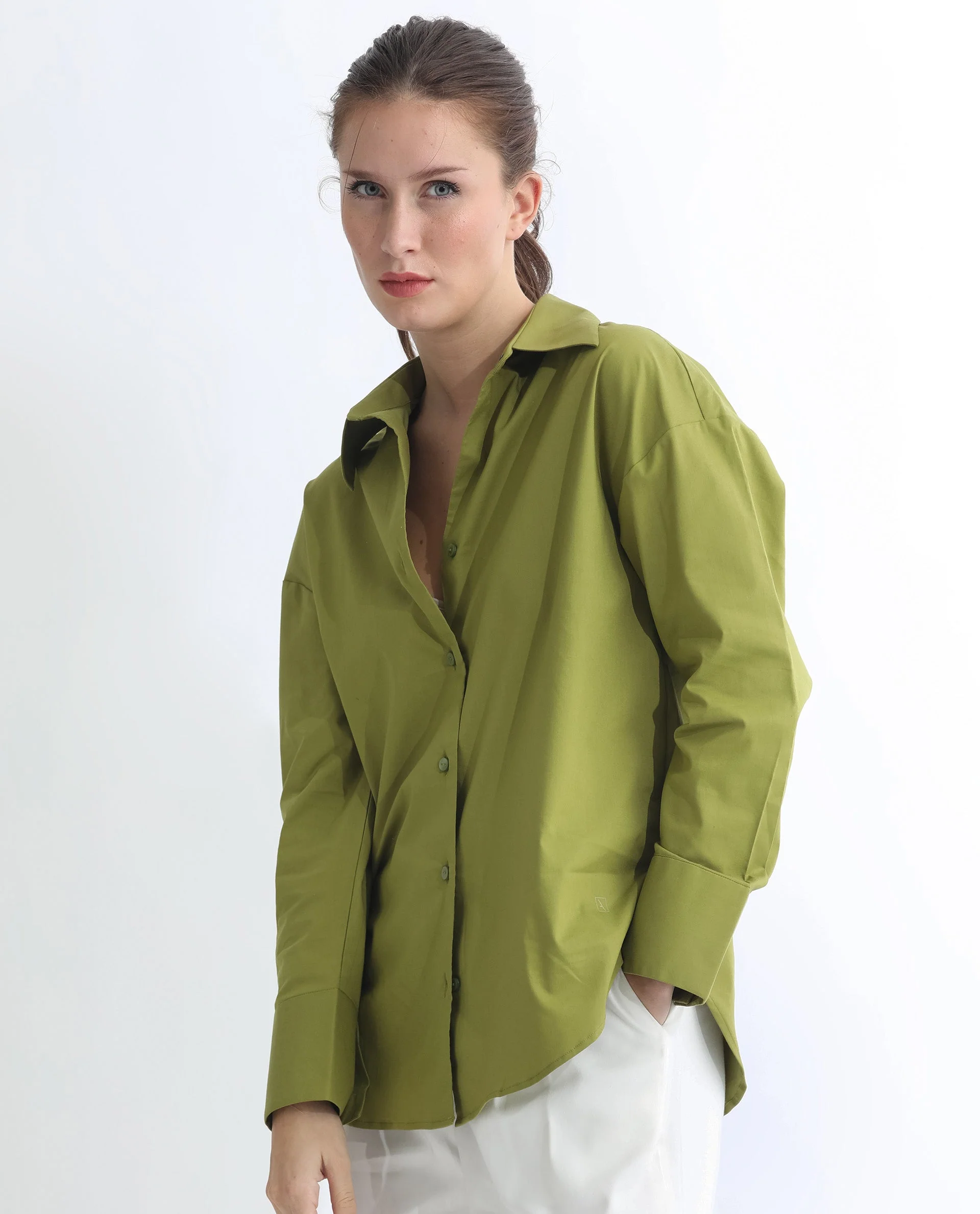 Rareism Women's Klox Light Olive Cotton Spread Collar Plain Cuffed Sleeve Regular Fit Shirt - Image 13